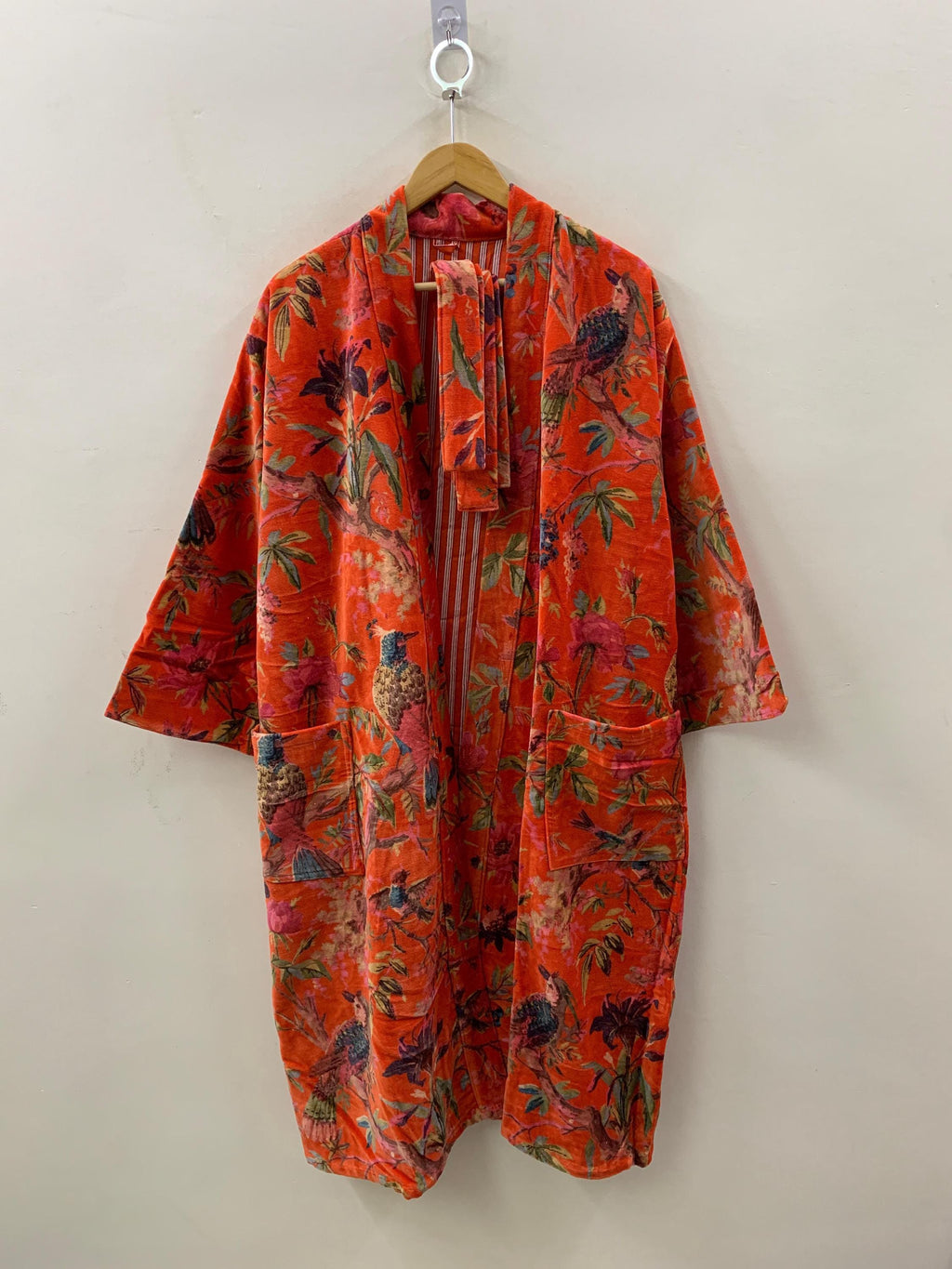 Orange Velvet Kimono Robe – Boho Bird Print Duster Robe |Peacock Floral Long Kimono Jacket | Statement Loungewear | Bohemian Festival Outfit