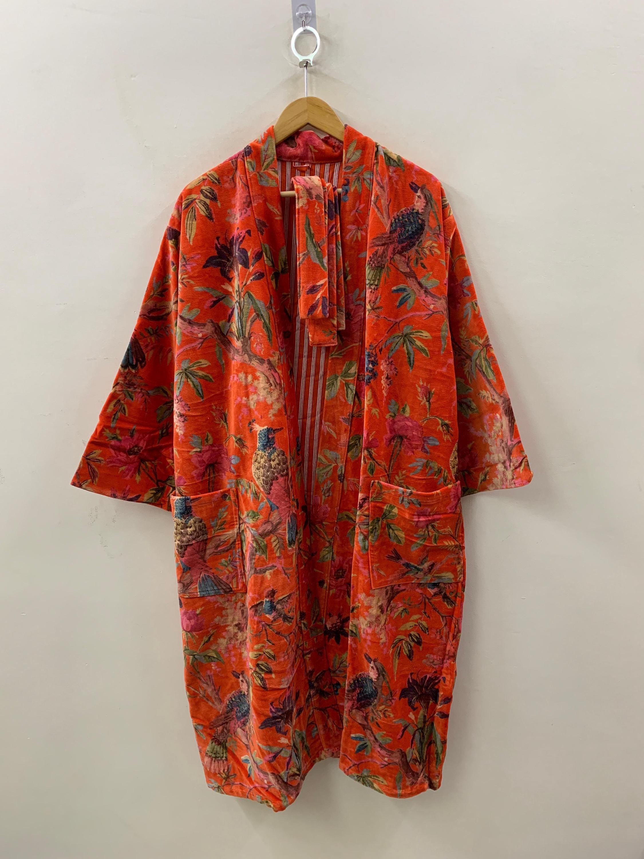 Orange Velvet Kimono Robe – Boho Bird Print Duster Robe |Peacock Floral Long Kimono Jacket | Statement Loungewear | Bohemian Festival Outfit