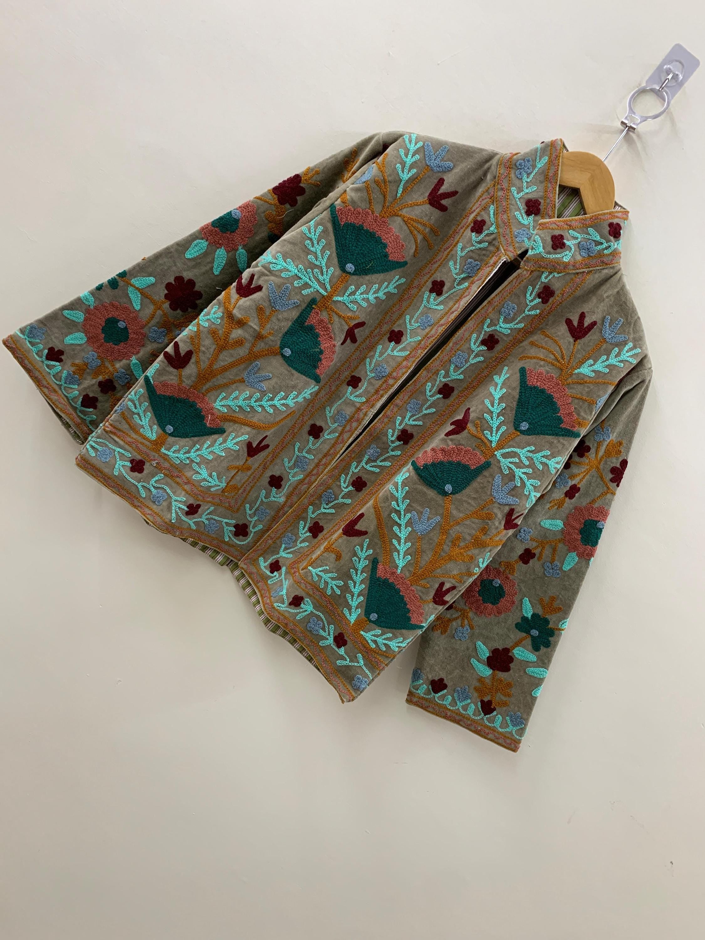 Embroidered Suzani Fabric Short Velvet Jacket | Button Winter Coat | Short Jacket | Spring Bomber Jacket | Gift For Her | Velvet Coat