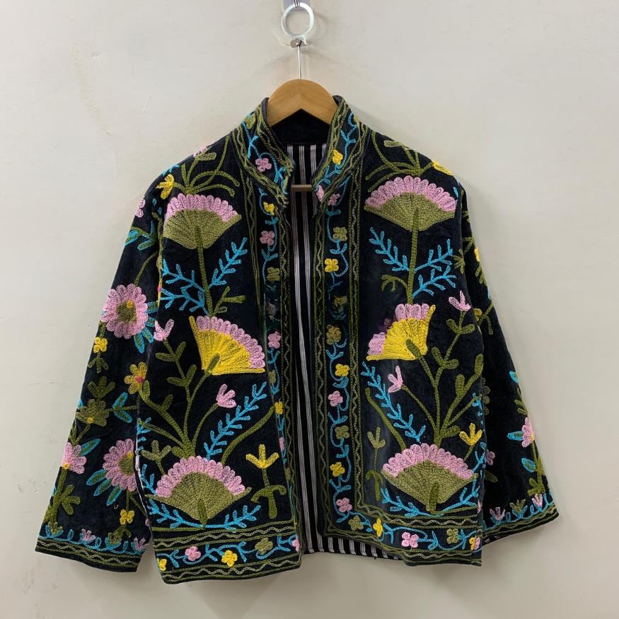 Hand Embroidered Black Suzani Velvet Jacket | Winter Women’s Coat | Indian Duster Jacket | Boho  Winter Jacket Outerwear | Gift for Her