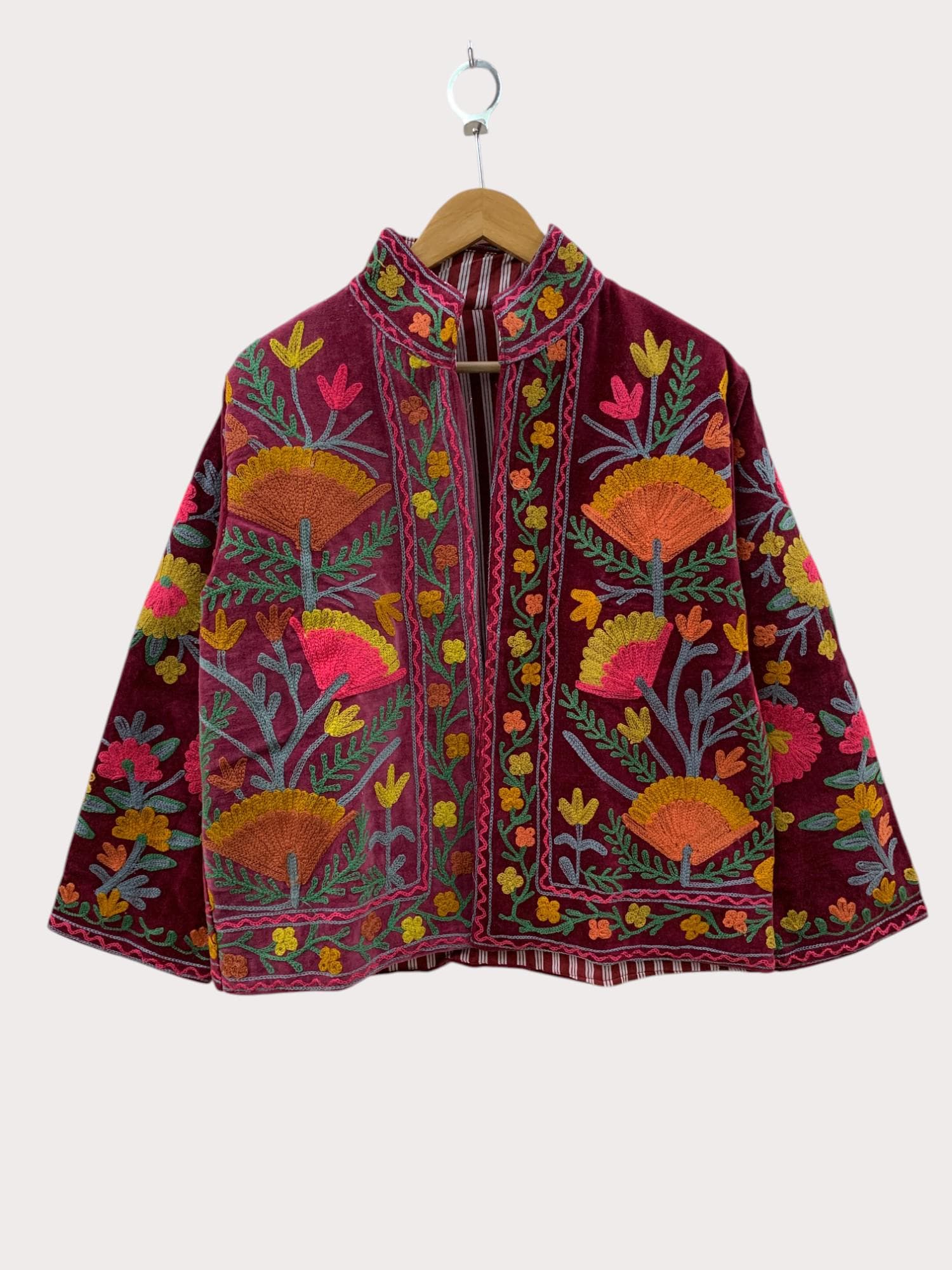 Vintage Suzani Embroidered Velvet Jacket |Pink Jacket | Bomber Hippie Jacket | Winter Warmed Coat |Gift For Her |Duster Short Floral Jacket