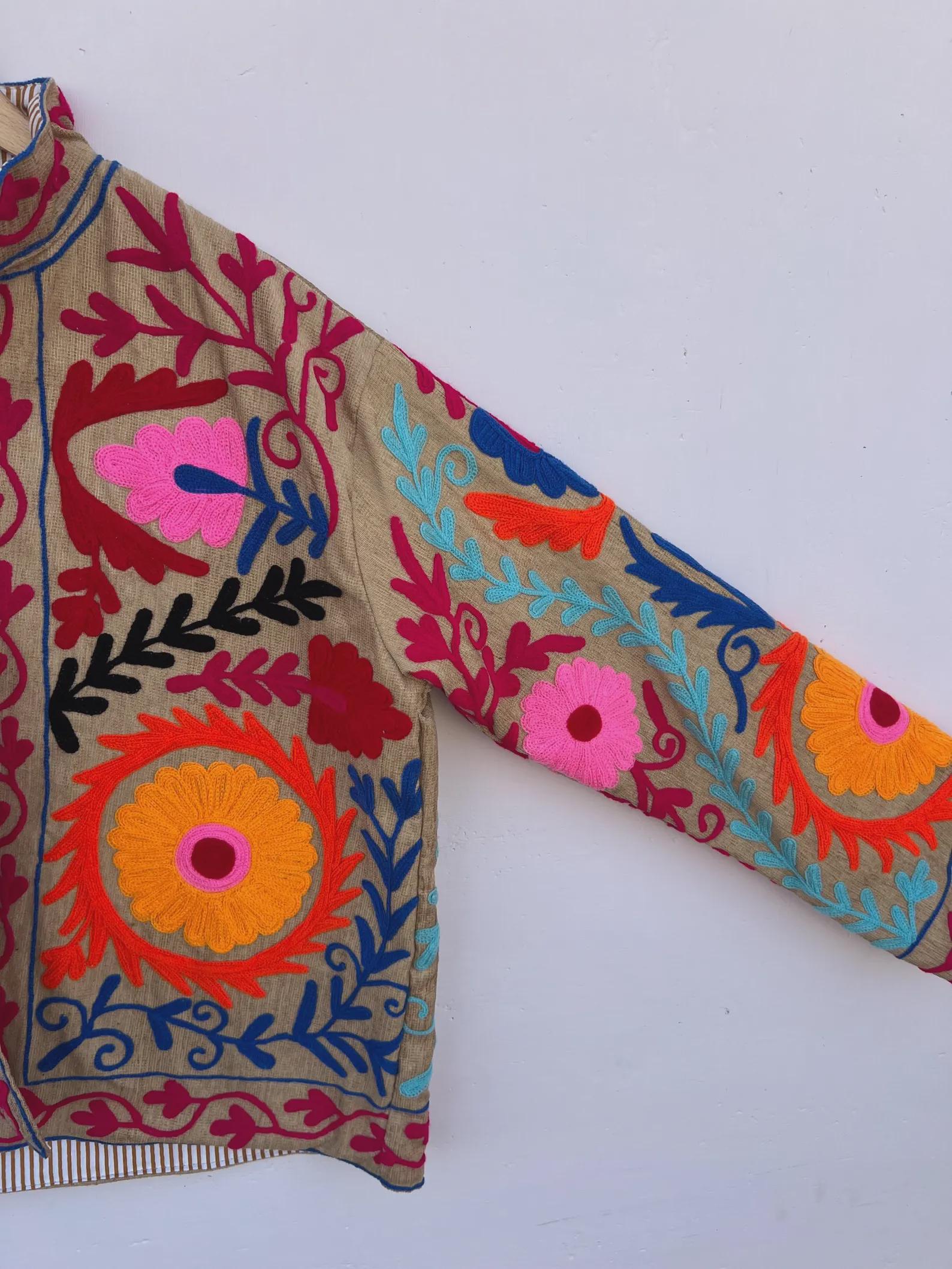 Embroidered Suzani Cotton Boho TNT Jacket | Handmade Floral Winter Coat |Gift For Her