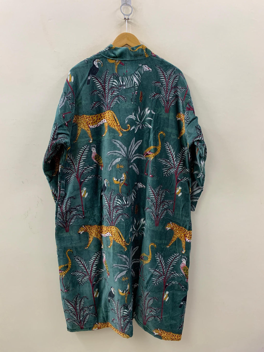 Green Jungle Velvet Winter Kimono Robe | Tropical Animal Print Loungewear | Cheetah & Bird Pattern | Cozy Winter Boho Robe | Gift for Her