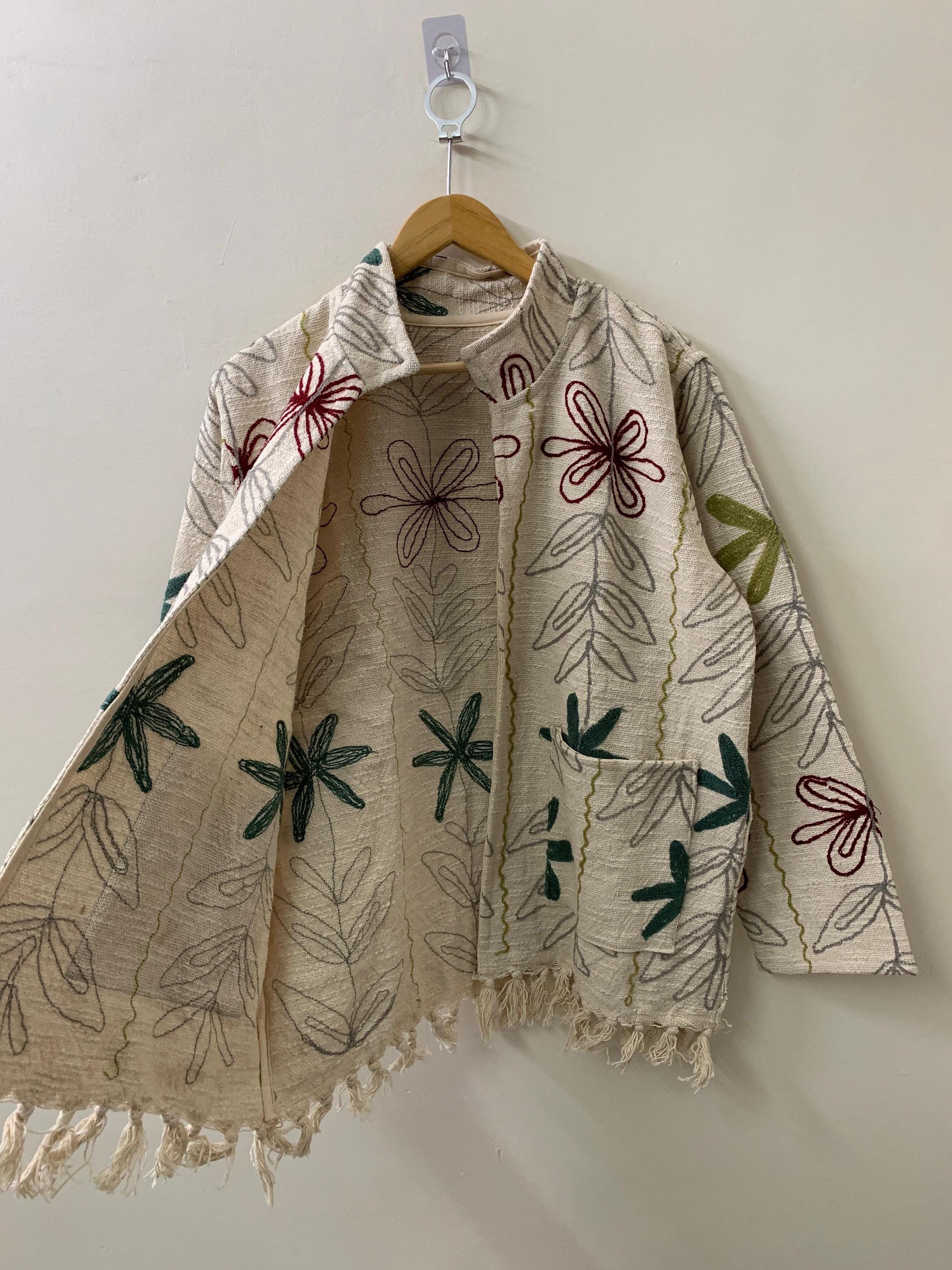 Ethnic Embroidered Cotton Suzani Throw Kimono | Boho Suzani Shrug | Tribal Spring Coat | Boho Outerwear Duster Jacket