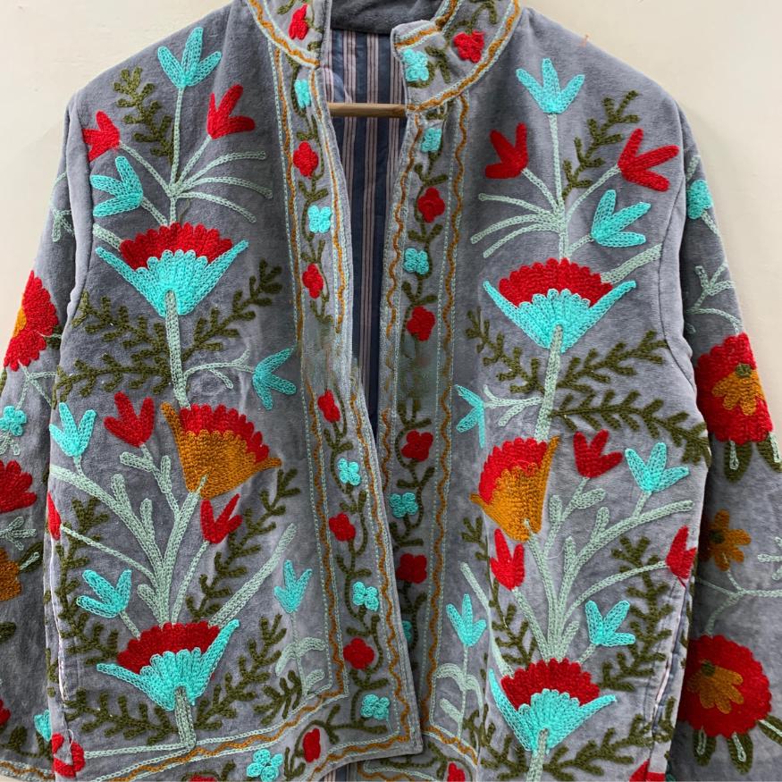Velvet Suzani Hand Embroidered Short Jacket | Autumn Winter Boho Gypsy | Women's Floral Jacket | Gift For Her |  Winter Jacket Kimono Robe