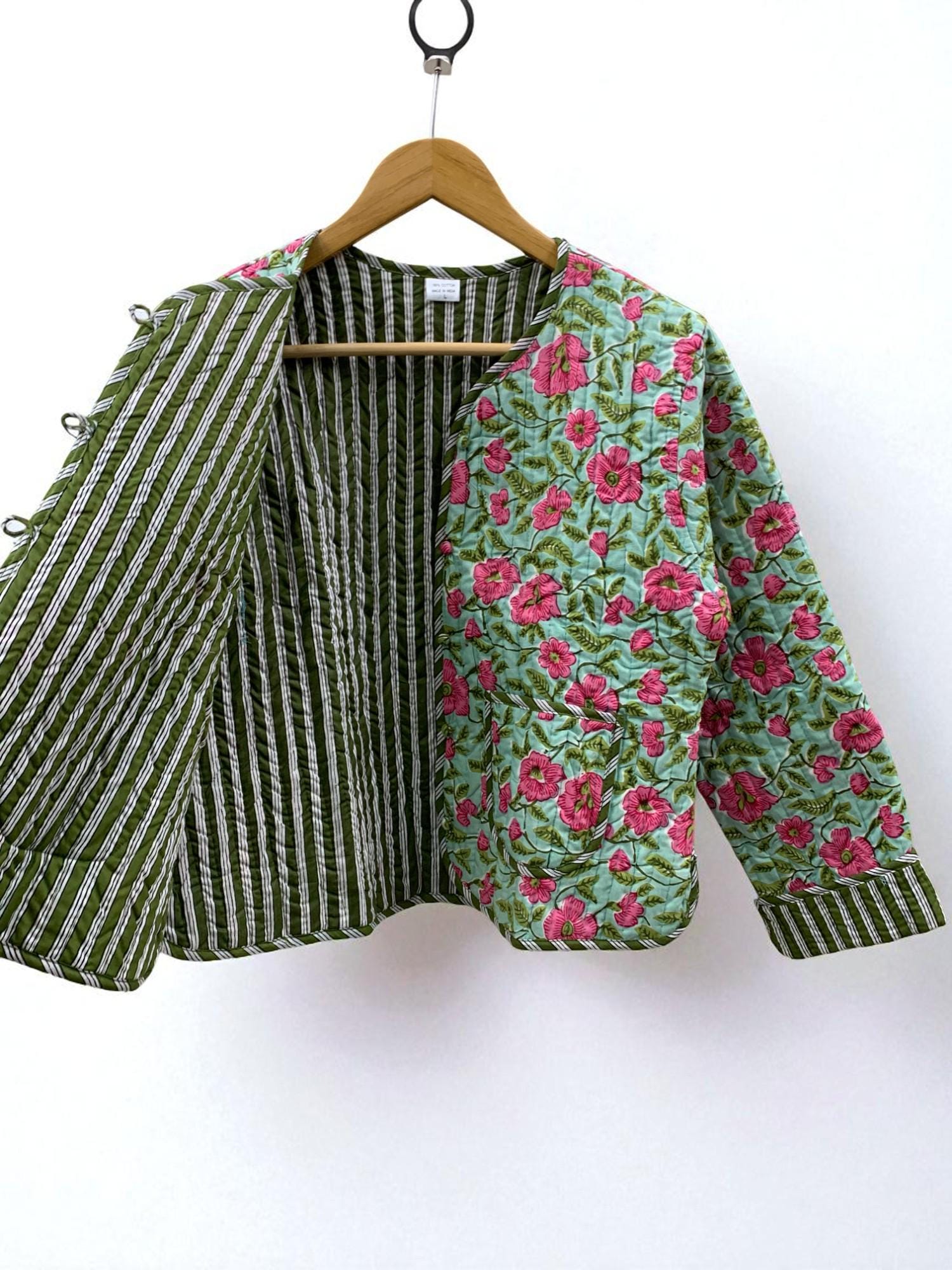 Green Cotton Quilted Cropped Jacket | Women's Outerwear | Printed Lightweight Cropped Jacket | Spring Jacket |Bomber Jacket | Gift For Her |