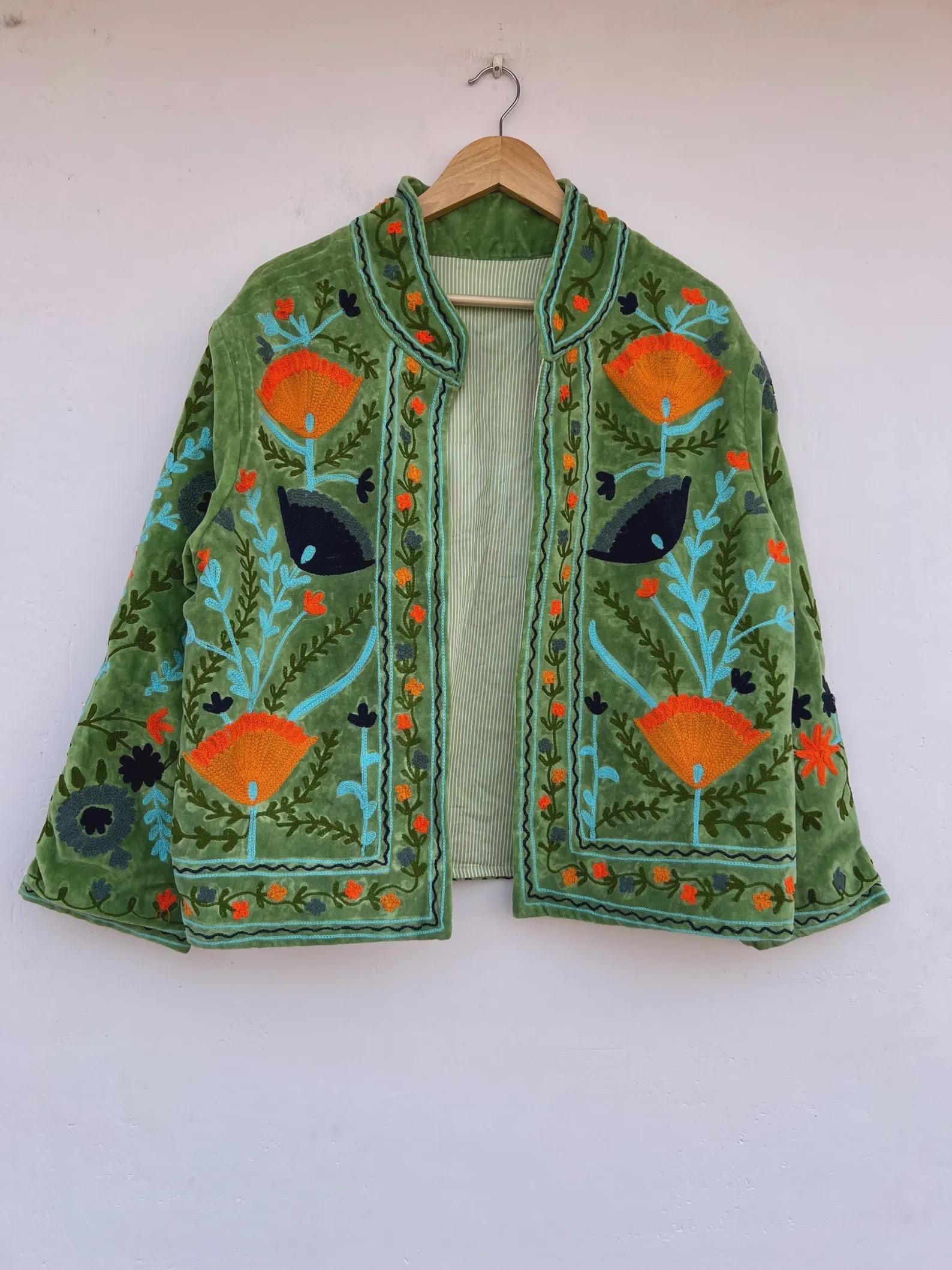 Boho Velvet Suzani Jacket | Hand Embroidered Ethnic Coat for Women | Vintage Bohemian Short Jacket | Winter Warm Kimono Coat | Gift for Her