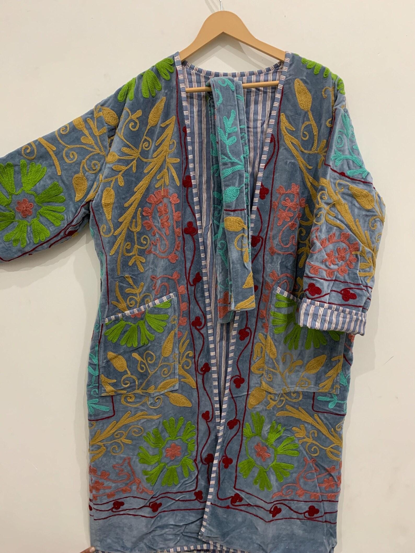 Grey Velvet Suzani Long Boho Robe | Ethnic Embroidered Kimono Coat | Vintage Duster | Bohemian Festival Wear | Gift For Her |Beach Cover Up
