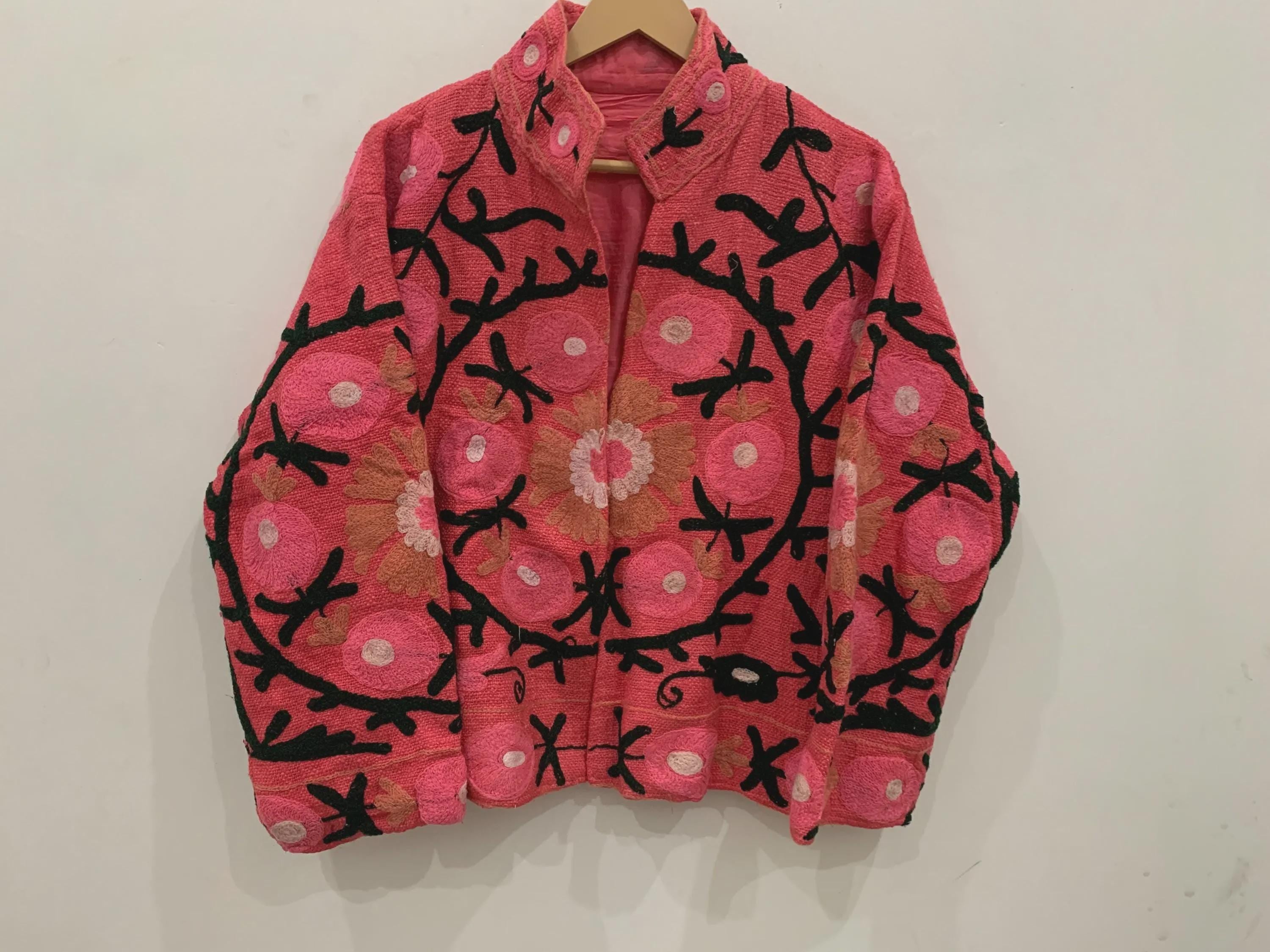 Red TNT Fabric Suzani Short Jacket | Embroidered Boho Jacket | Vintage Uzbek Textile | Floral Bomber Coat | Bohemian Outerwear |Gift For Her