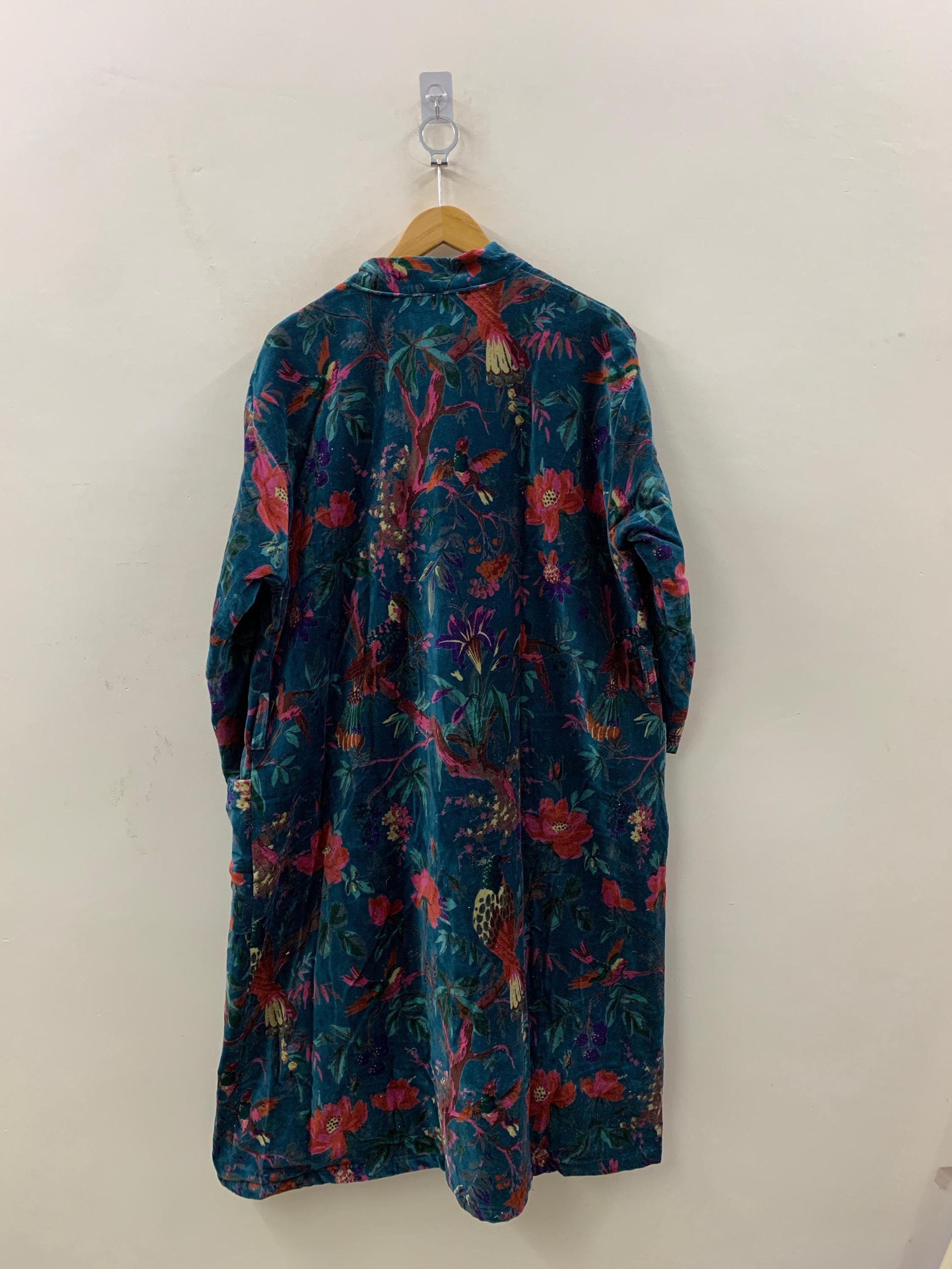 Blue Jungle Velvet Kimono Robe | Tropical Animal Print Loungewear | Cheetah & Bird Pattern |Safari Dressing Gown with Belt | Women's Kimono