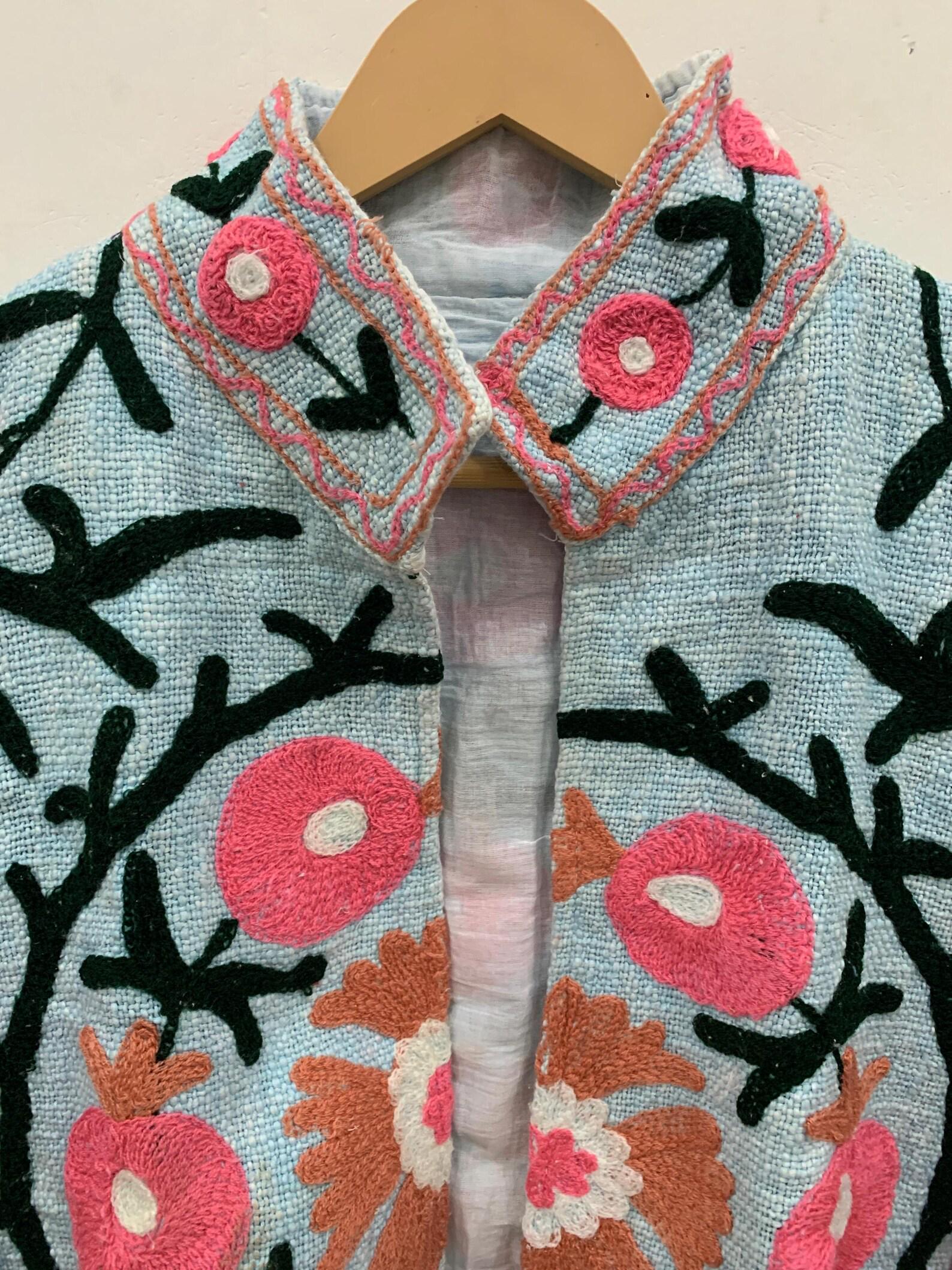 Floral TNT Fabric Suzani Short Jacket | Embroidered Boho Jacket | Vintage Uzbek Textile | Bomber Coat | Bohemian Outerwear | Gift For Her