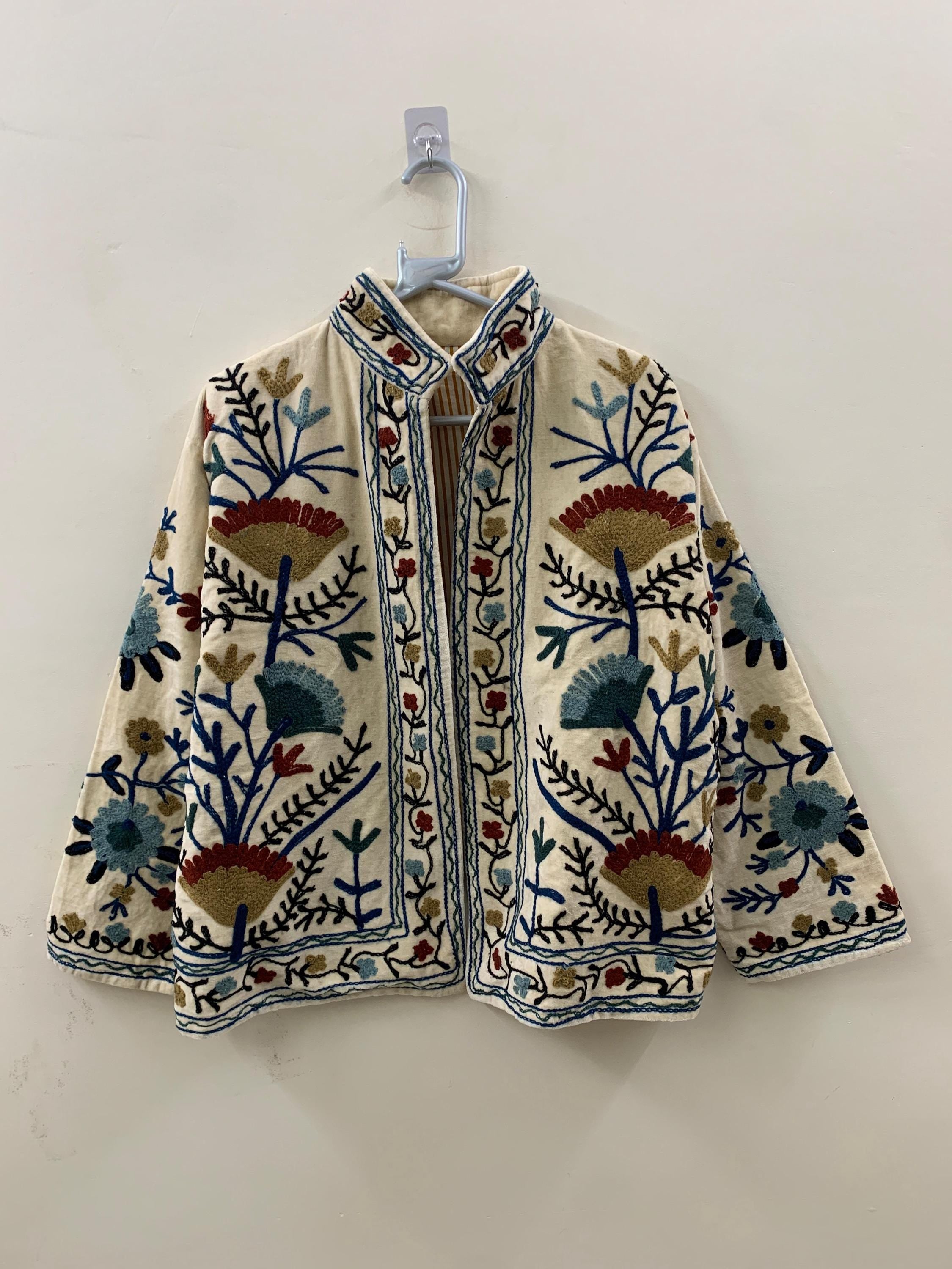Suzani Embroidery Velvet Jacket | Oversized Long Jacket  | Traditional Boho Cropped Coat | Winter Wear Jacket  | Gift for Her