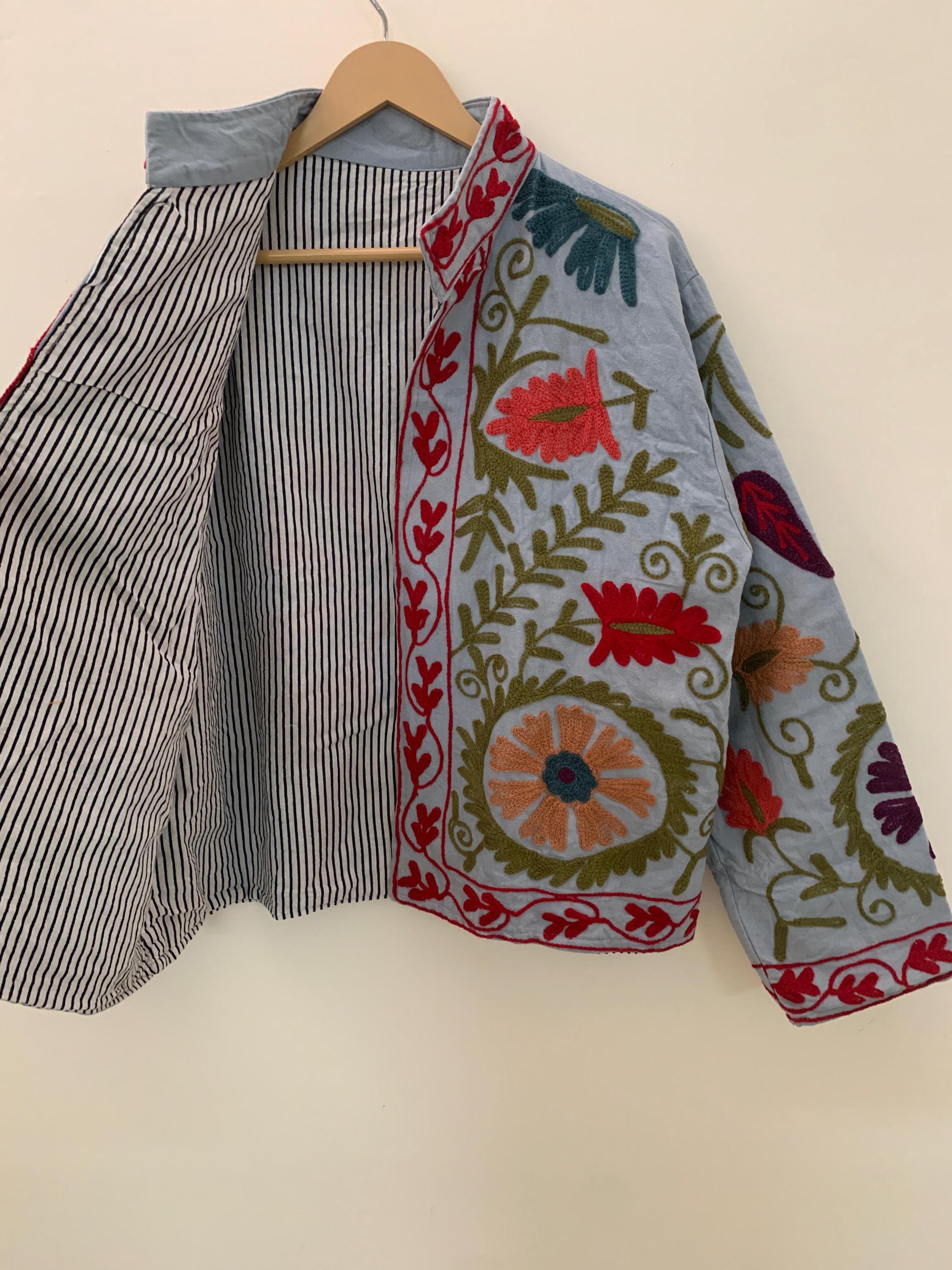 Handmade Suzani Jacket | Grey Embroidered Uzbek Textile, Boho Bomber, Outerwear |Gift For Her