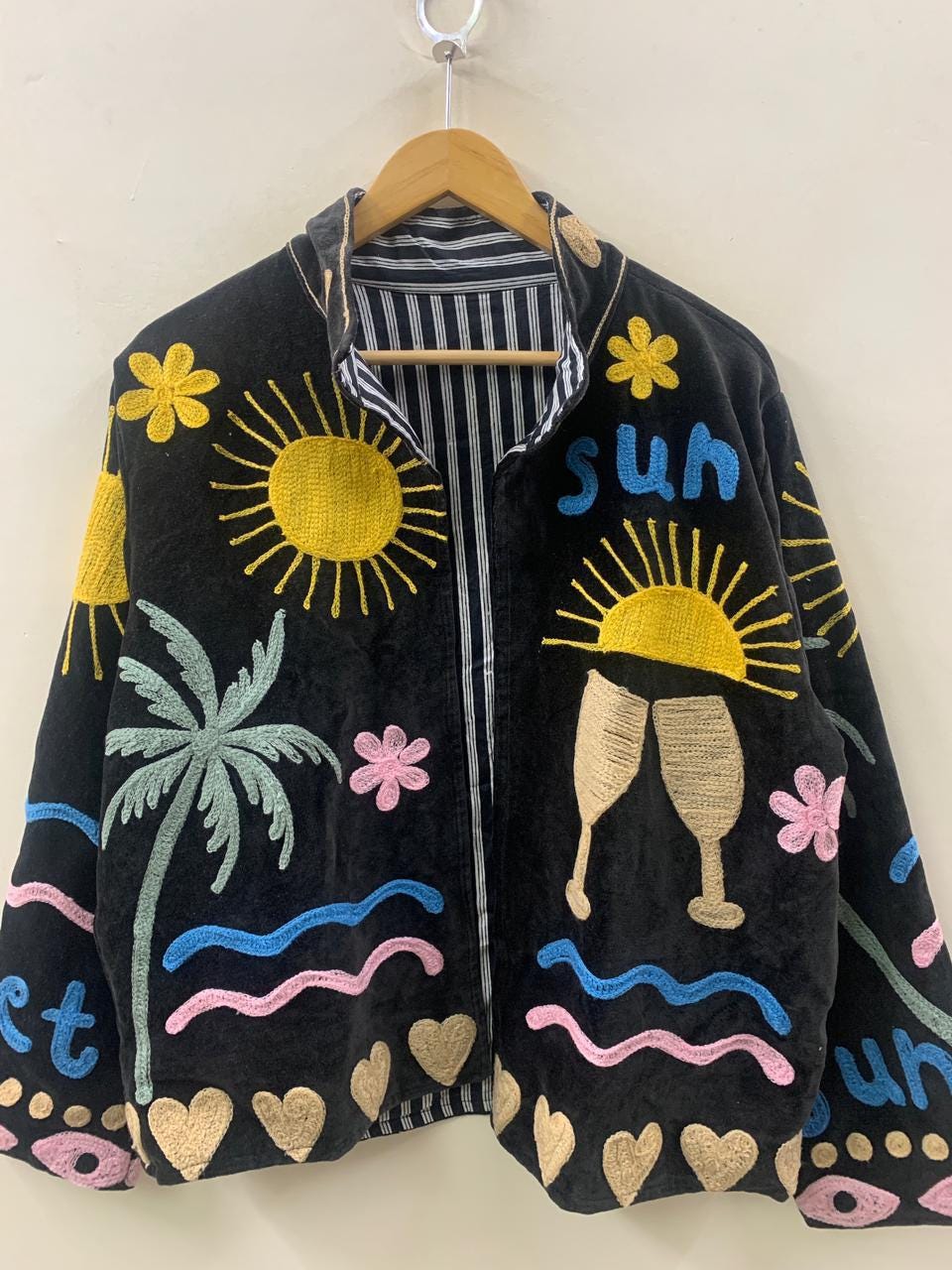 Black Unique Velvet Suzani Short Jacket |Embroidered Statement Coat | Sun, Palm, Moon & Heart Design | Colorful Festival Jacket |Duster Coat
