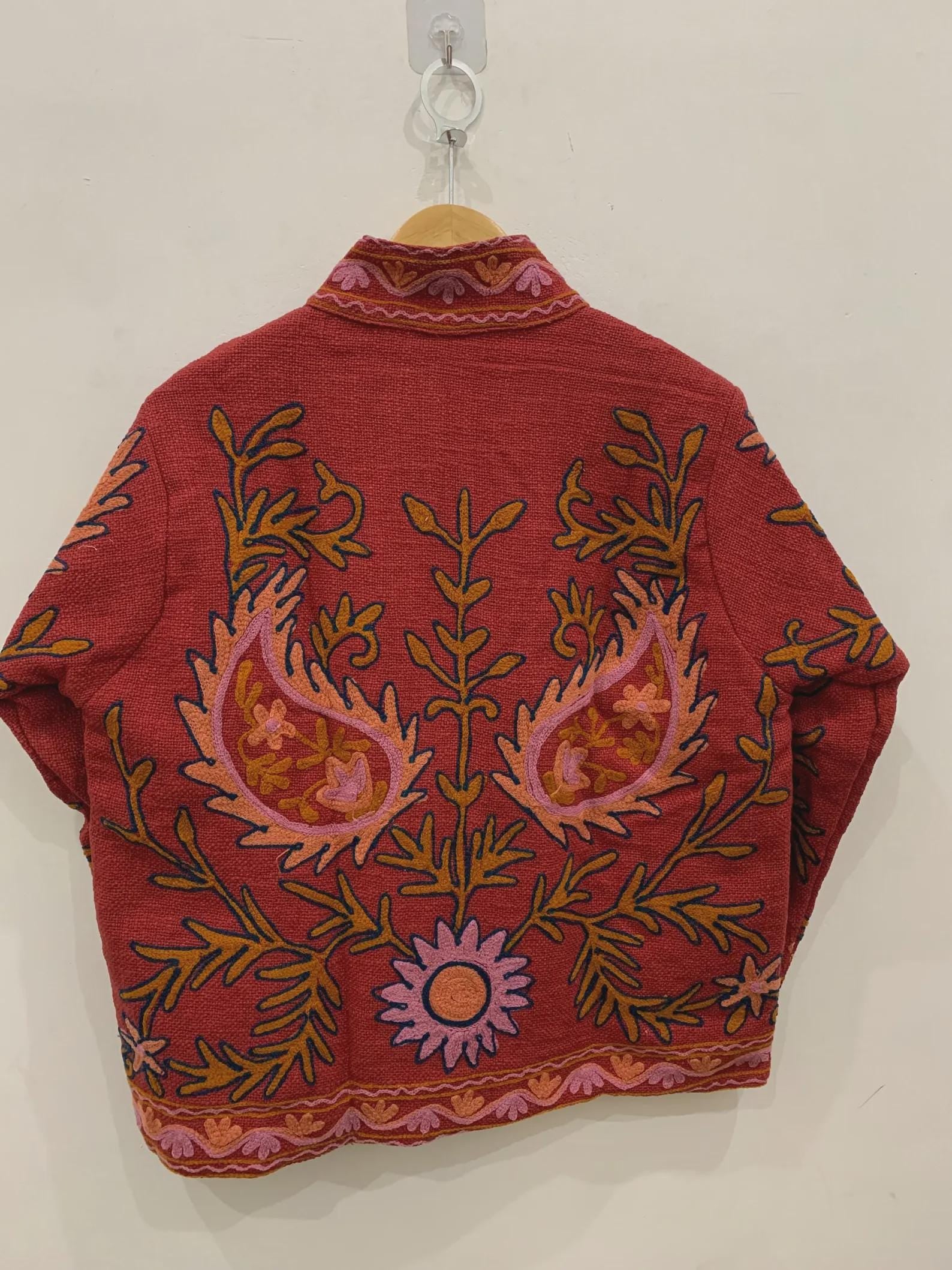 Red Cotton Suzani Hand Embroidered Jacket: Boho Ethnic Clothing, Embroidery Coat, Suzani Cotton Boho Jacket, Gift For Her, Boho Suzani Coat