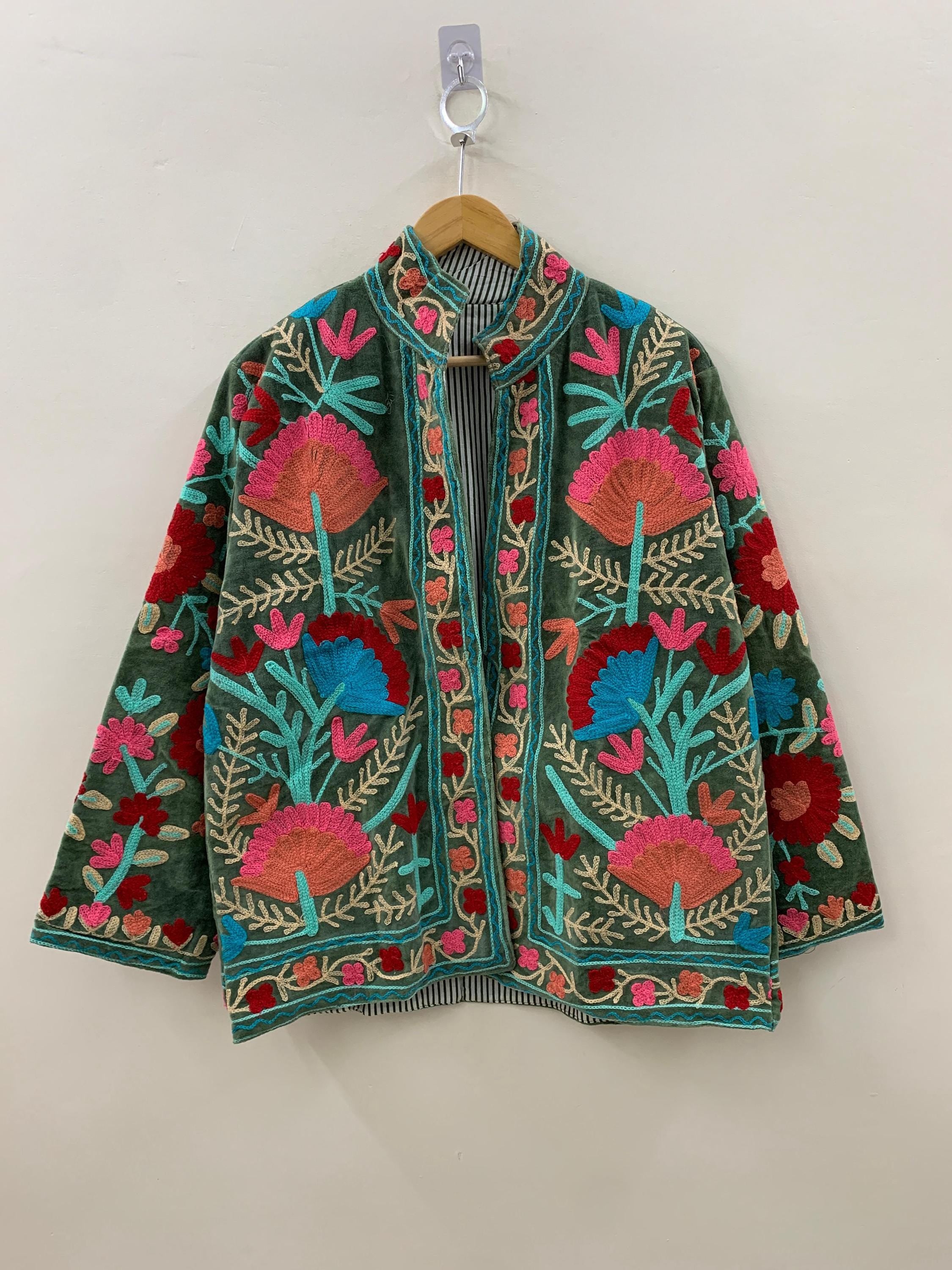 Embroidery Velvet Handmade Suzani Jacket | Women's Floral Clothing | Gift For Her | Bomber Winter Jacket | Street Kimono Jacket |Spring Coat