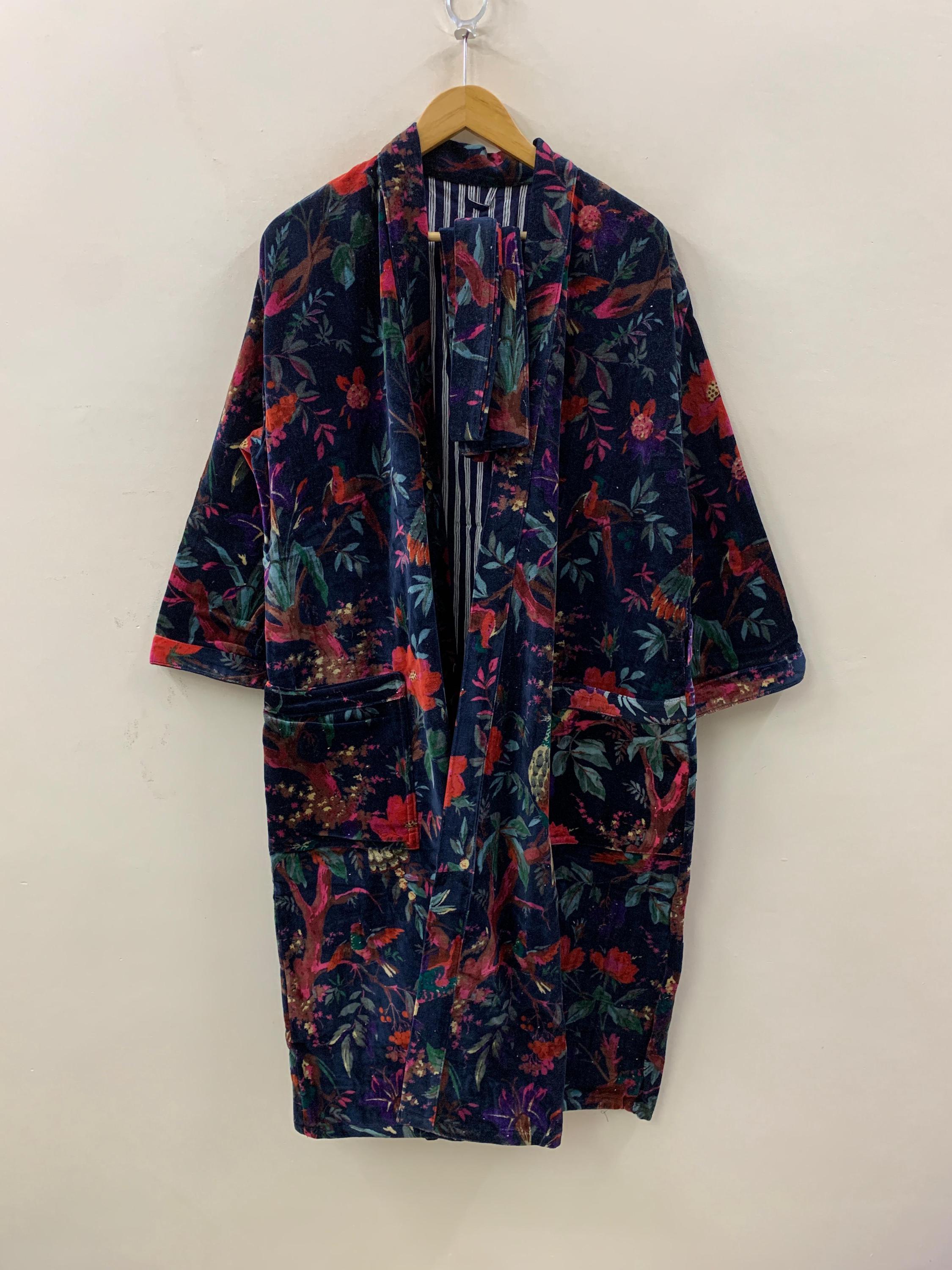 Dark Floral Velvet Kimono Robe | Navy Botanical Print Loungewear | Boho Dressing Gown with Belt | Women's Kimono Jacket | Soft Velvet Wrap
