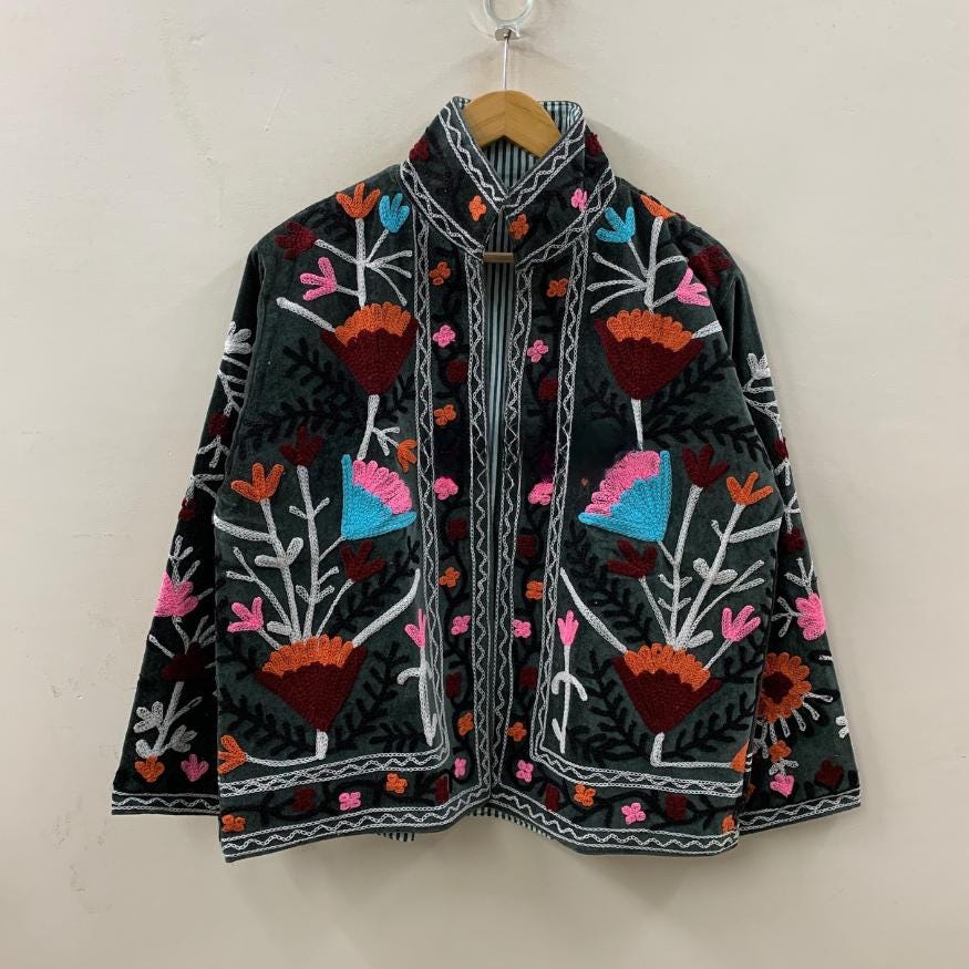 Hand Embroidered Suzani Velvet Short Jacket | Indian Floral Coat | Unisex Winter Outerwear | Bridesmaid Gift | Oversized Boho Jacket