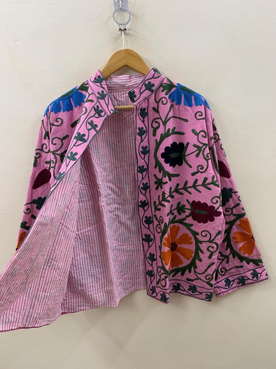 Pink Summer Cotton Suzani Short Soft Jacket – Festival Coat – Tribal Embroidered Outerwear | Spring Travel Coat | Winter wear | Gift For Her