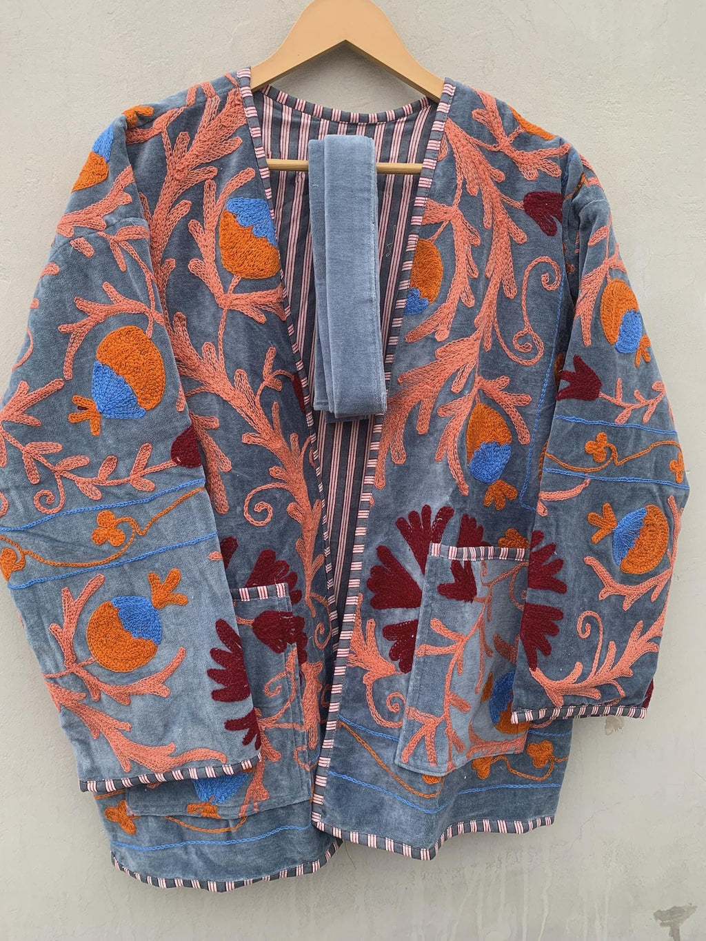 Grey Velvet Suzani Short Boho Robe | Ethnic Embroidered Kimono Coat | Vintage Duster