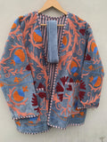 Grey Velvet Suzani Short Boho Robe | Ethnic Embroidered Kimono Coat | Vintage Duster