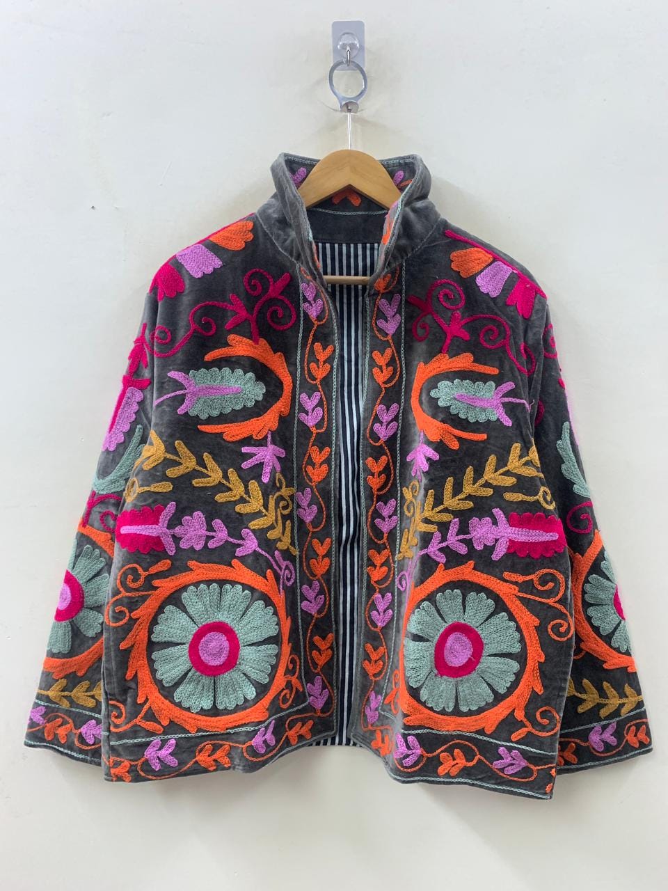 Boho Suzani Embroidered Velvet Jacket | Vintage Style Winter Coat | Traditional Suzani Coat | Statement Embroidered Coat