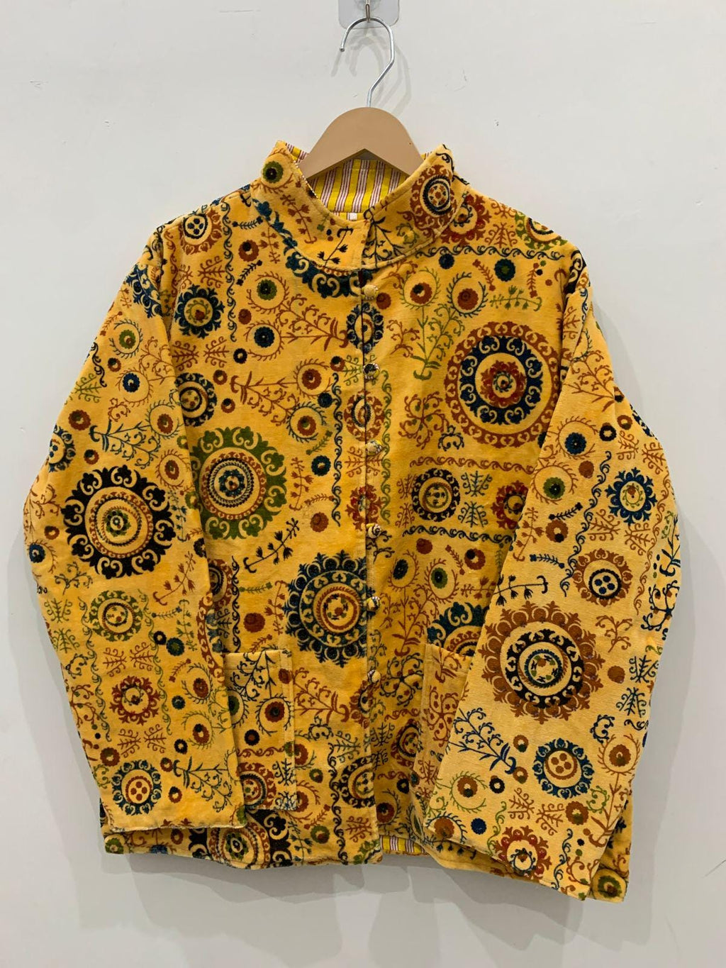 Yellow Floral Print Velvet Short Jacket | Printed Spring Jacket | Duster Jacket, Quilted Bomber Coat, Outerwear, Travel Jacket, Gift For Her