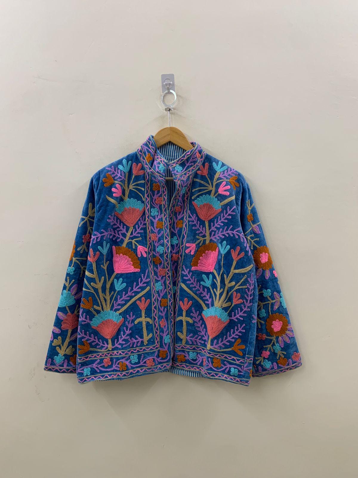 Blue Velvet Suzani Embroidery Jacket | Women's Suzani Duster Coat | Winter Kimono Jacket | Boho Bomber Robe | Gift for Her