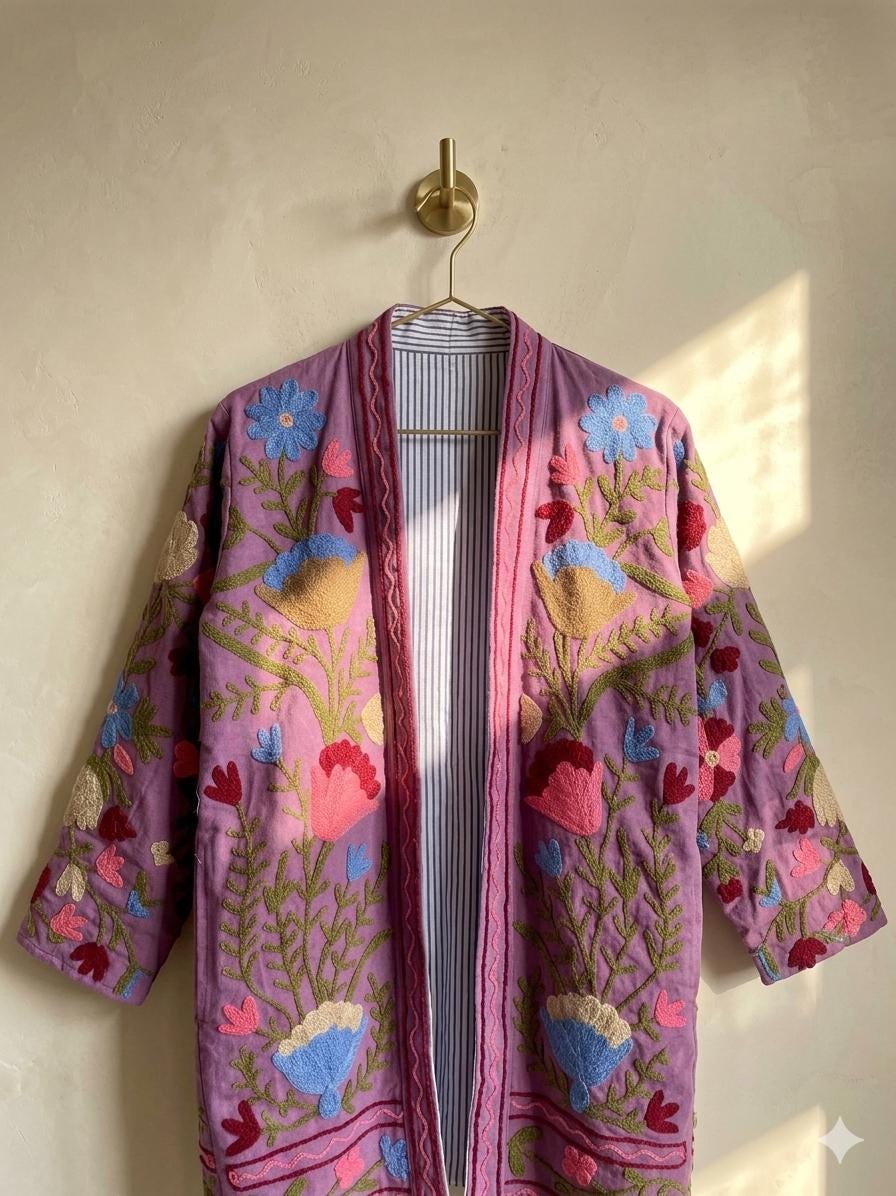 Suzani Cotton Jacket | Embroidered Kimono Coat | Oversized Winter Outerwear | Indian Ethnic Jacket | Warm Winter Coat | Gift for Her