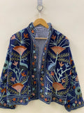Blue Velvet Suzani Embroidery Jacket | Suzani Duster Jacket | Winter Kimono Jacket | Women's Bomber Coat, Robe, Gift For Her |Street Fashion