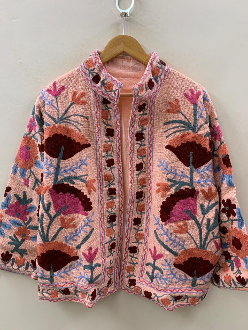 Pink Suzani TNT Fabric Short Boho Jacket | Long Sleeve Button Winter Coat