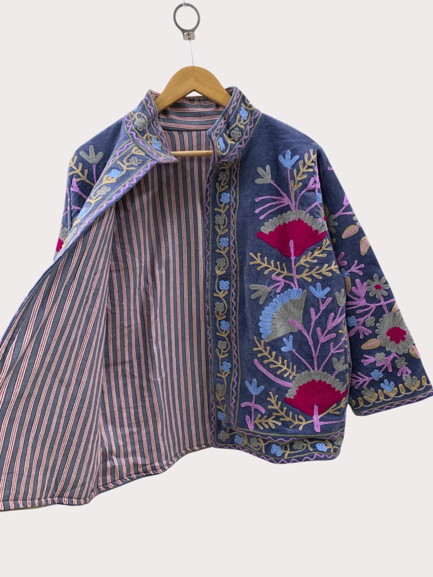 Uzbek Suzani Velvet Jacket | Hand Embroidered Floral Coat | Bohemian Festival Outerwear | Vintage Women’s Blazer