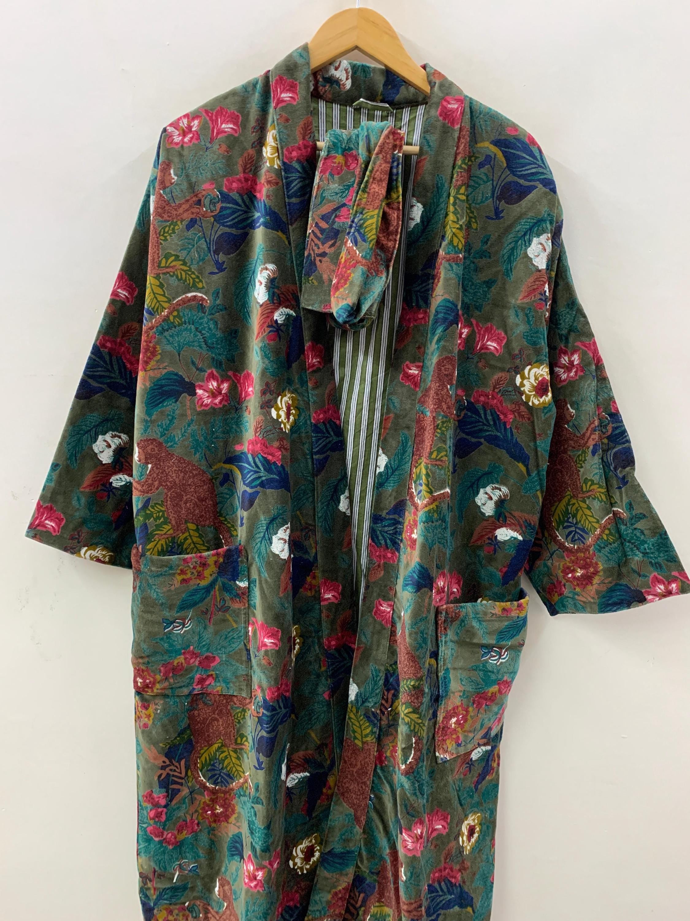 Green Velvet Kimono Robe – Jungle Animal Print Boho Duster | Monkeys & Floral Pattern | Long Bohemian Jacket | Loungewear,  Festival Outfit