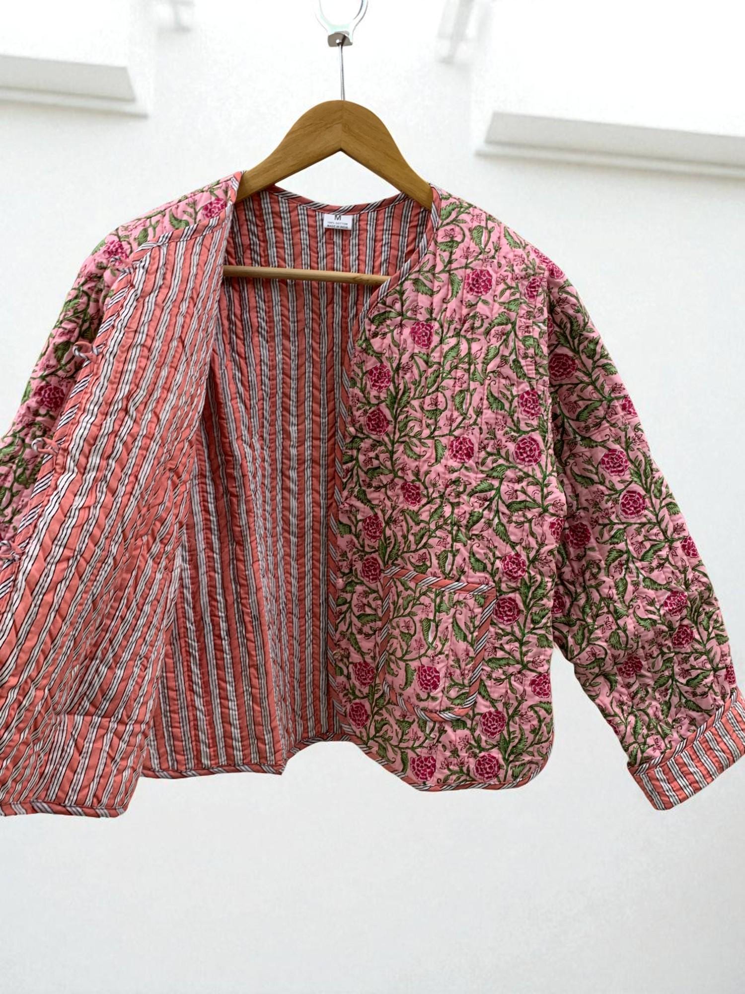 Pink Cotton Quilted Cropped Boho Jacket | Printed Lightweight Cropped Jacket | Spring Coat| Bomber Jacket | Gift For Her | Women's Outerwear