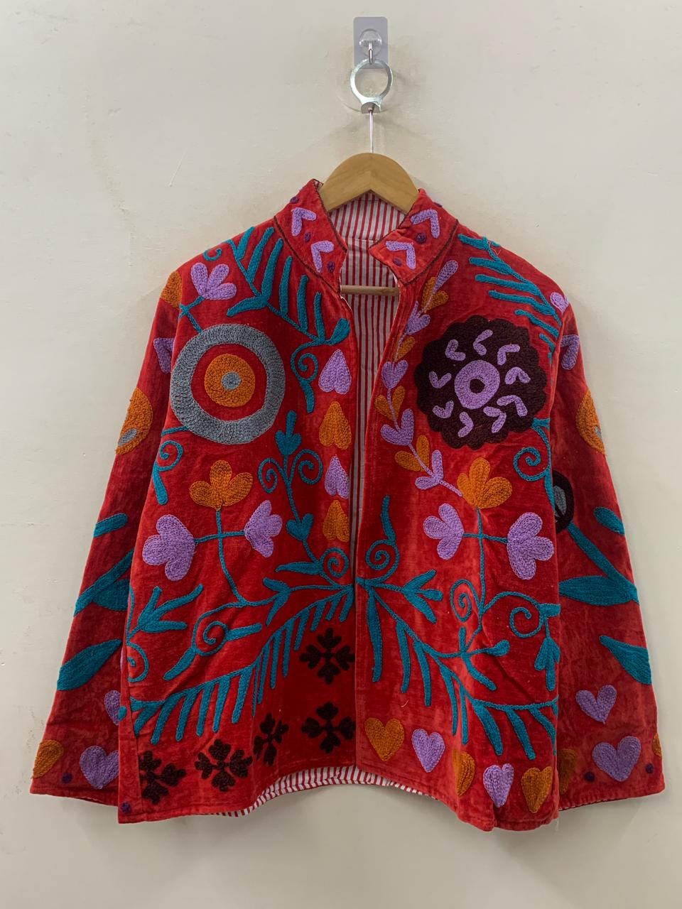 Red Boho Suzani Velvet Jacket  | Embroidered Coat Women | Vintage Bohemian Jacket | Winter Warm Outerwear | Gift for Her | Handmade Jacket