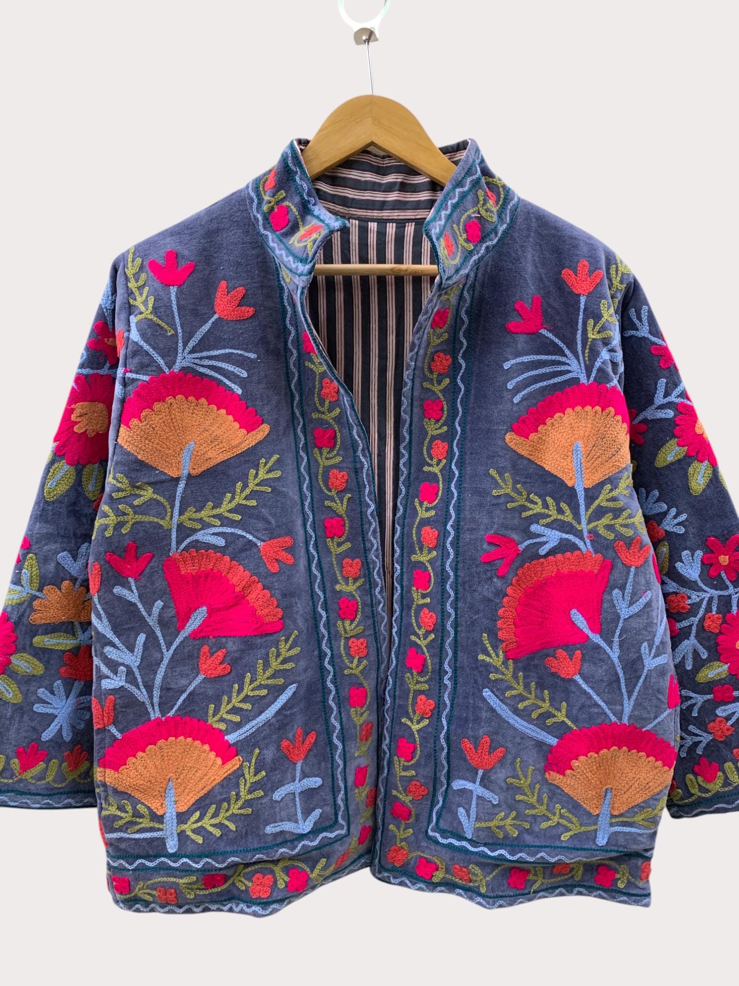 Velvet Suzani Jacket | Floral Embroidered Uzbek Coat | Boho Winter Outerwear | Vintage Bohemian Blazer | Women's Jacket | Gift for Her