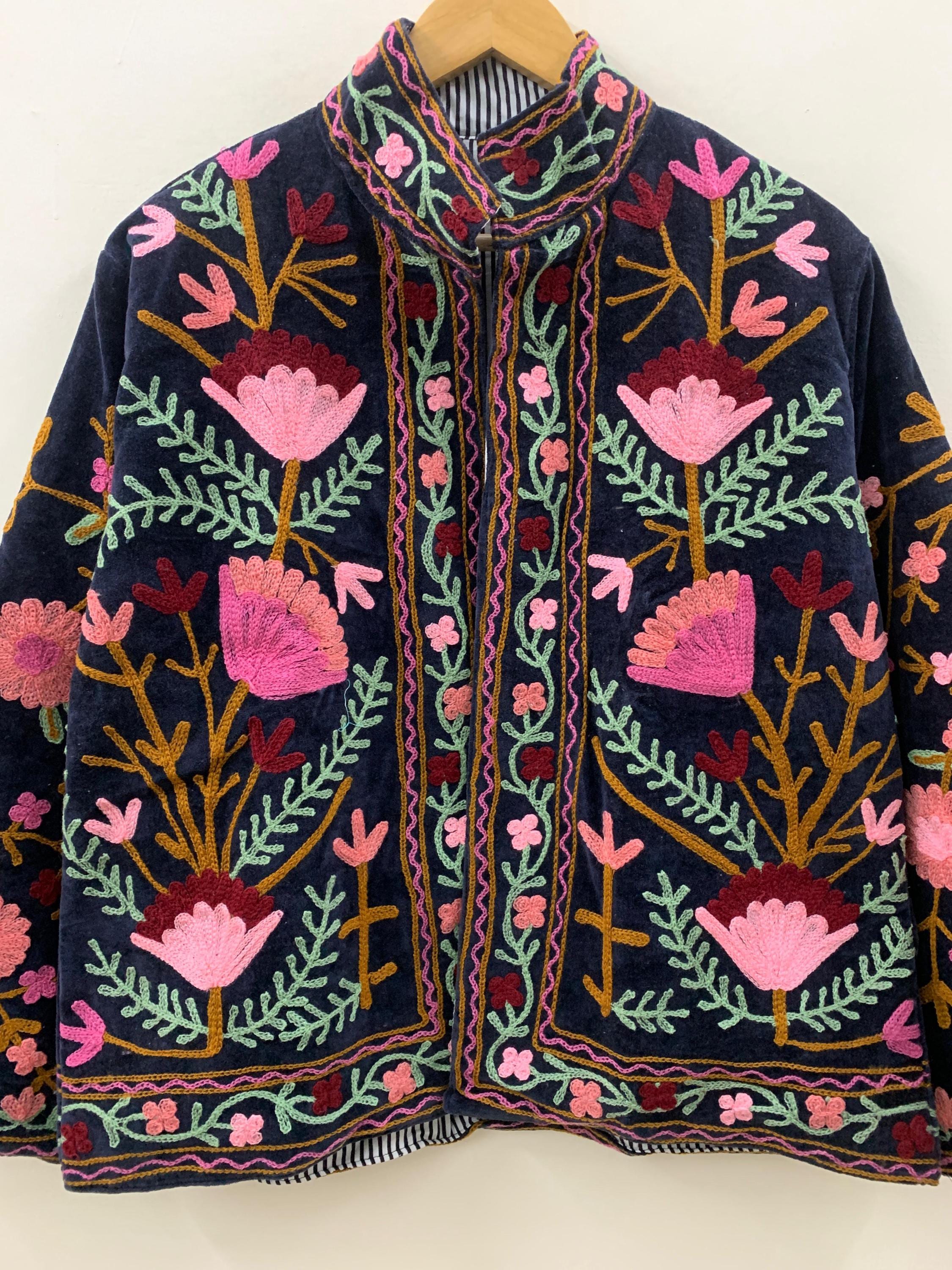 Black Suzani Velvet Short Jacket | Suzani Embroidery Jacket | Winter Wear Women's Jacket Coat | Suzani Coat | Gift For Her |Duster Jacket