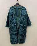 Green Long Suzani Kimono Jacket | Boho Embroidered Duster | Vintage Uzbek Coat | Gift For Her