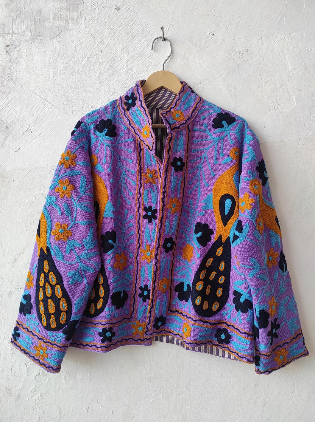 Vintage Cotton Suzani Jacket – Embroidered Peacock Floral Boho Coat