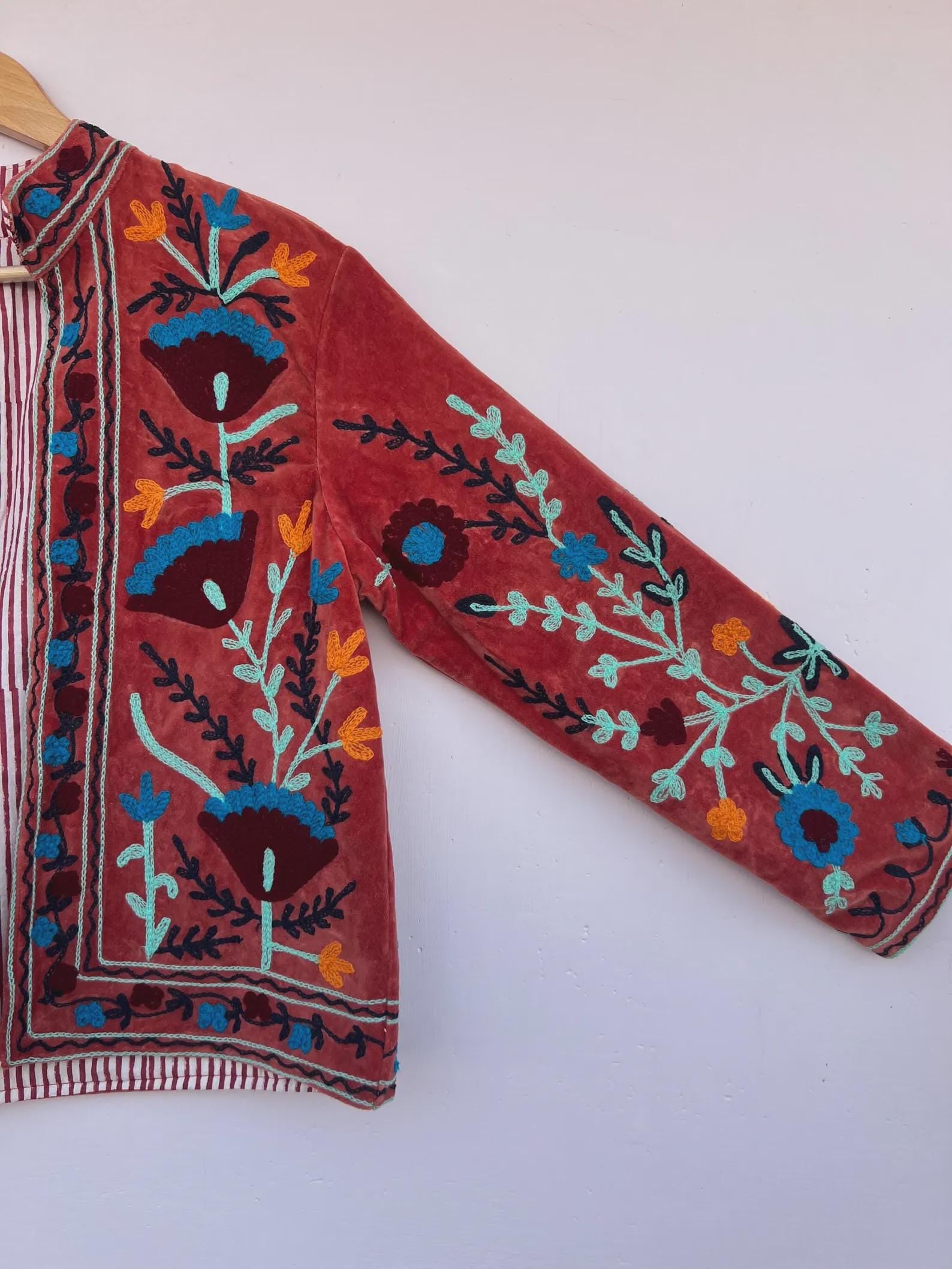 Handmade Suzani Embroidered Velvet Jacket | Boho Festival Coat