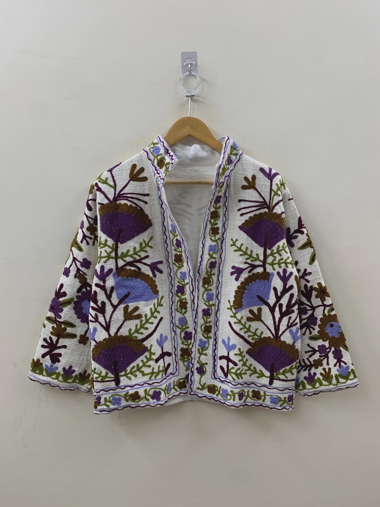 Floral TNT Fabric Suzani Short Jacket | Embroidered Boho Jacket | Vintage Uzbek Textile | Bomber Coat | Bohemian Outerwear | Gift For Her