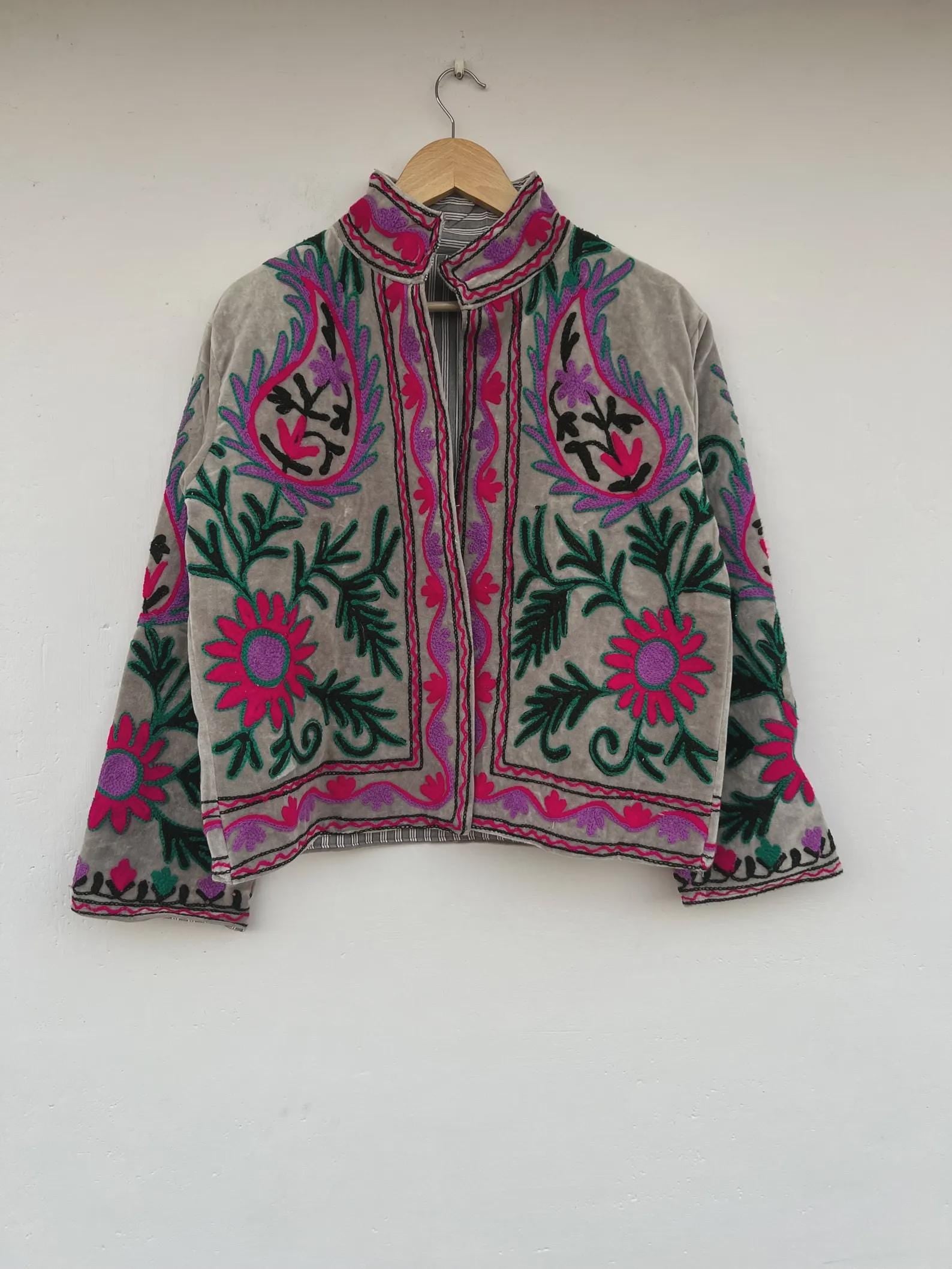Embroidered Suzani Velvet Boho Jacket | Handmade Floral Winter Coat | Gift For Her | Winter Warm Kimono Coat