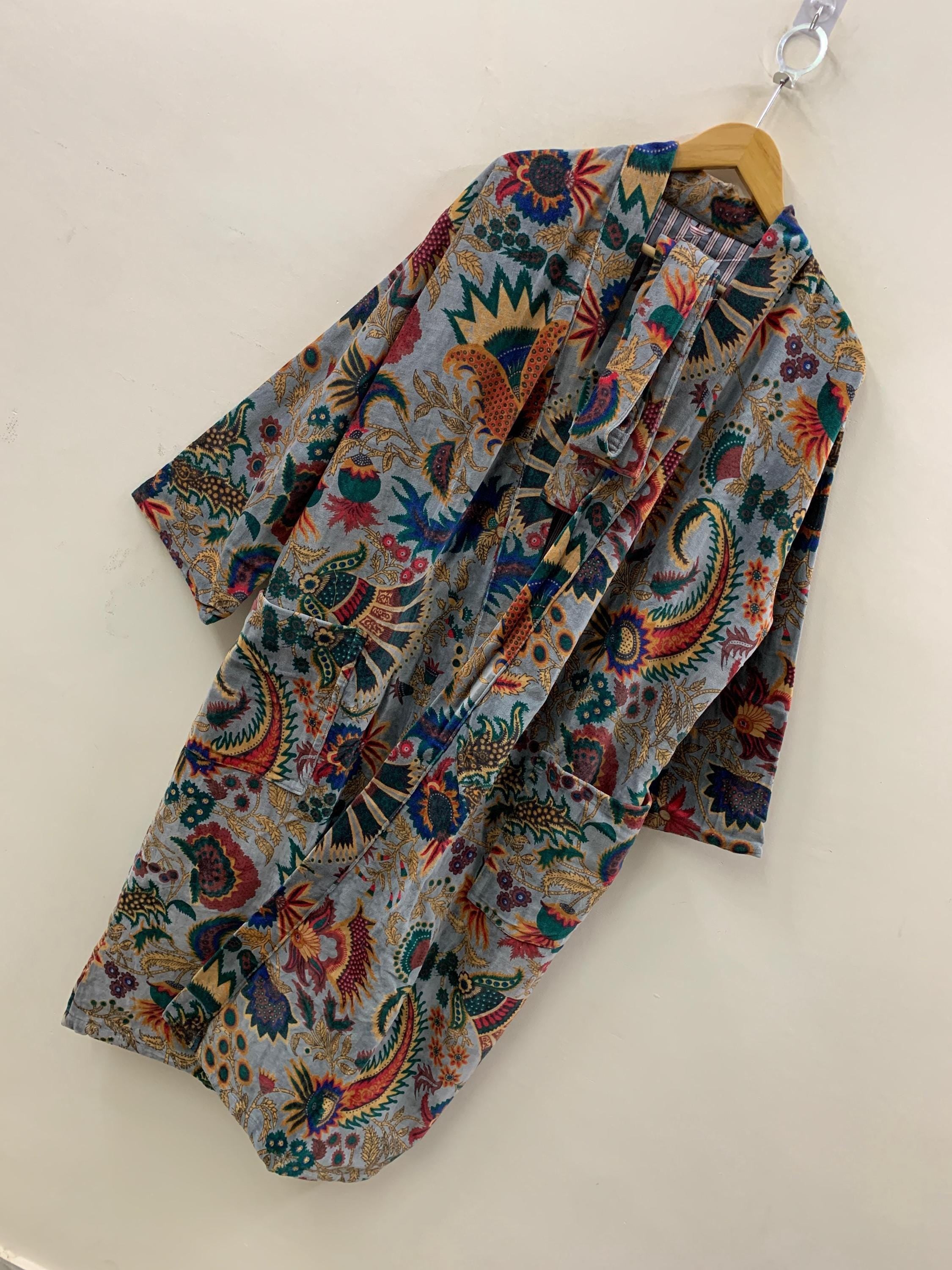 Boho Velvet Kimono Robe Colorful Paisley Floral Lounge Wear | Soft Velvet Dressing Gown | Women's Bohemian Robe with Belt | Festival Kimono