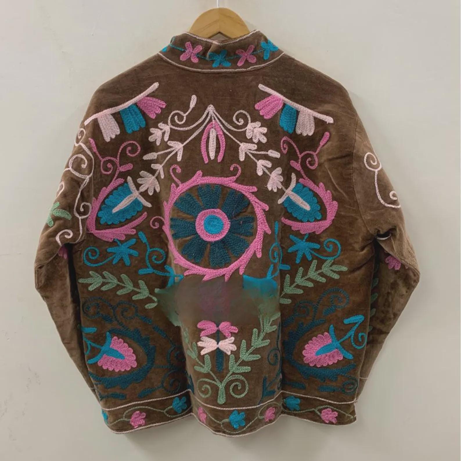 Brown Hand Embroidered Suzani Jacket | Velvet Kimono Jacket | Bohemian Winter Coat | Unisex Jacket | Vintage Style Outerwear |Gift for Women