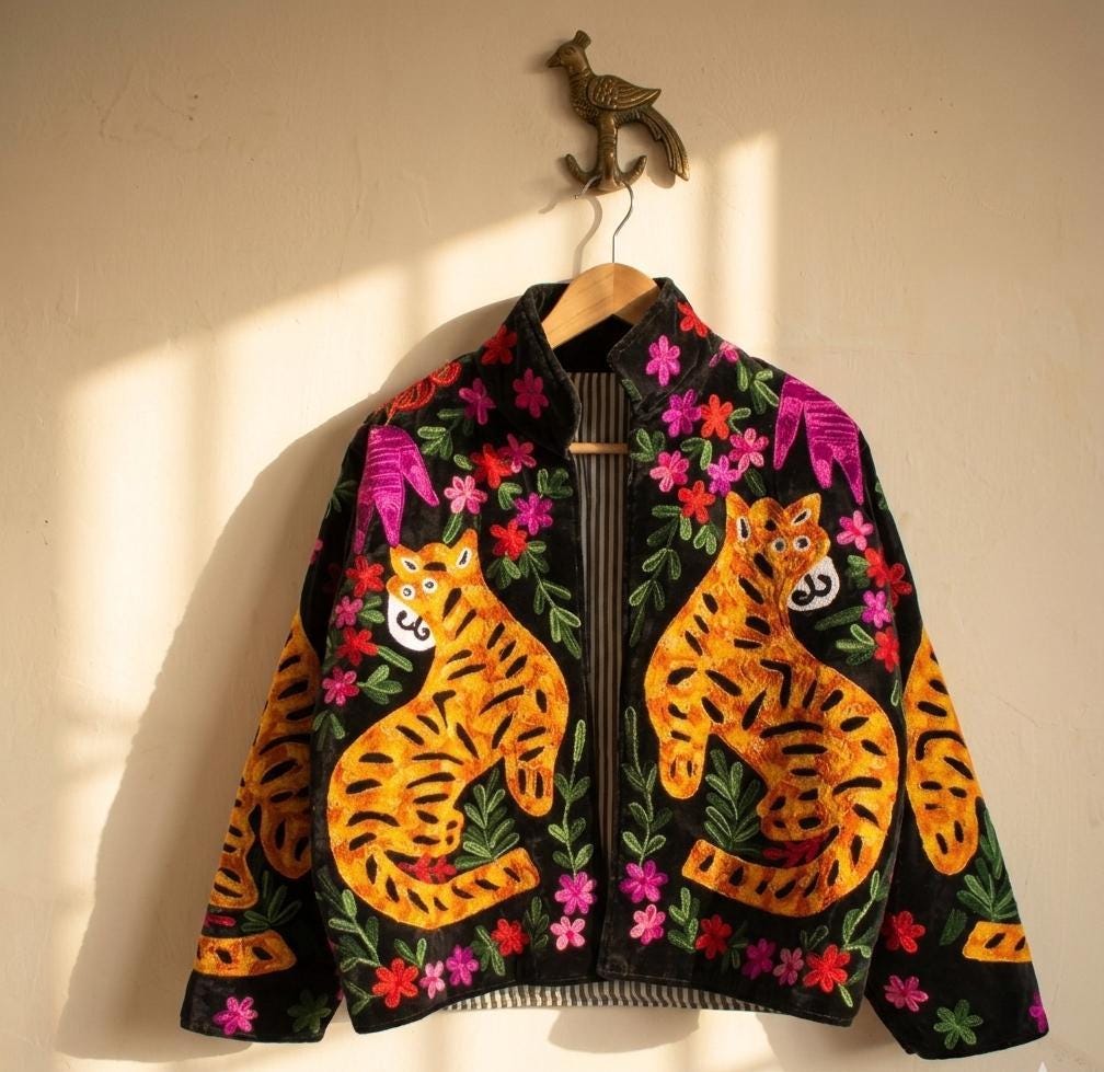 Handmade Velvet Suzani Jacket | Tiger Floral Embroidery Jacket  | Bohemian Coat | Warm Winter Coat | Artisanal Outerwear | Gift For Her