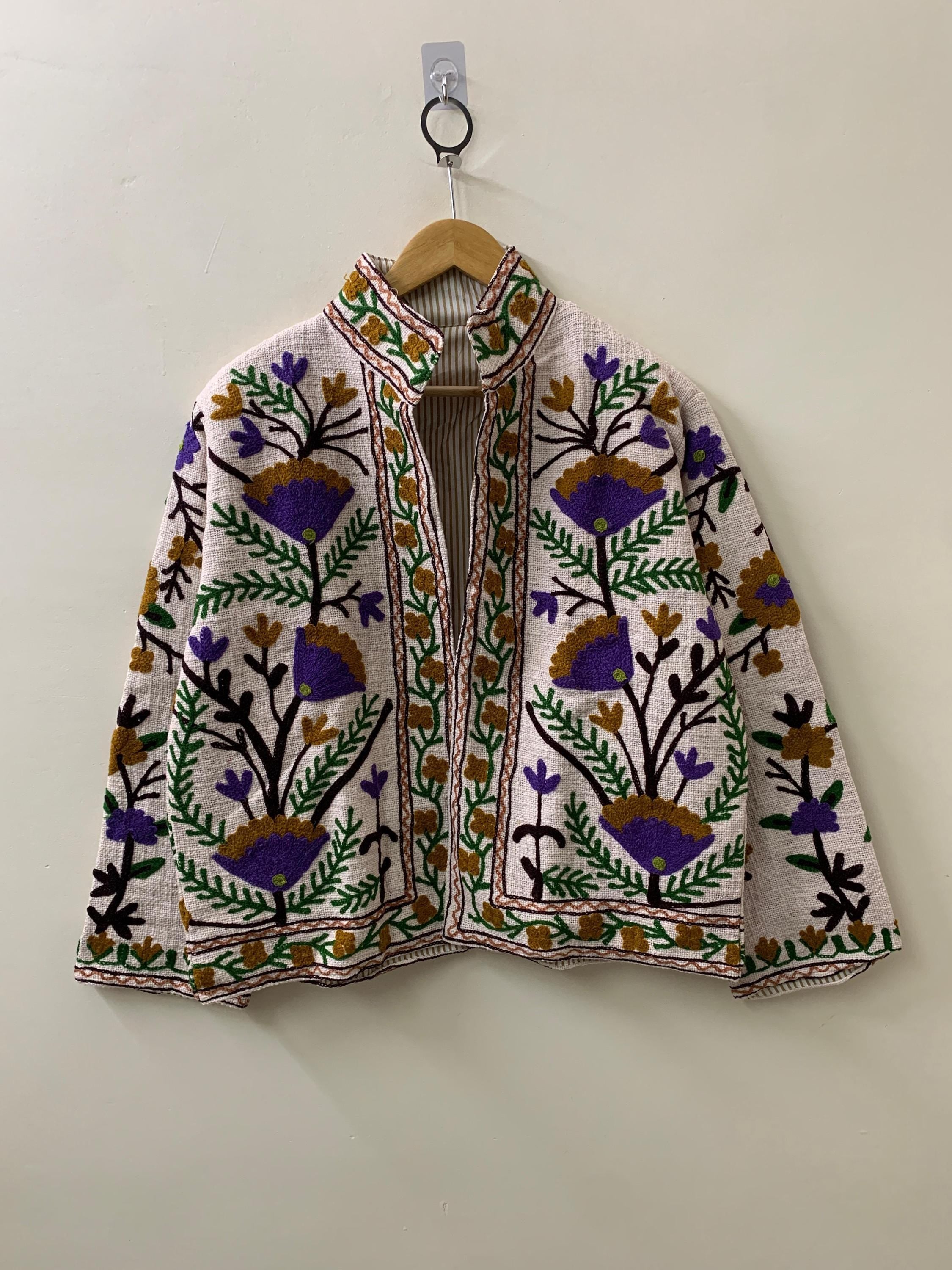 Floral Suzani TNT Fabric Short Boho Jacket | Long Sleeve Button Winter Coat | Short Jacket | Spring Bomber Jacket | Gift For Her | TNT Coat