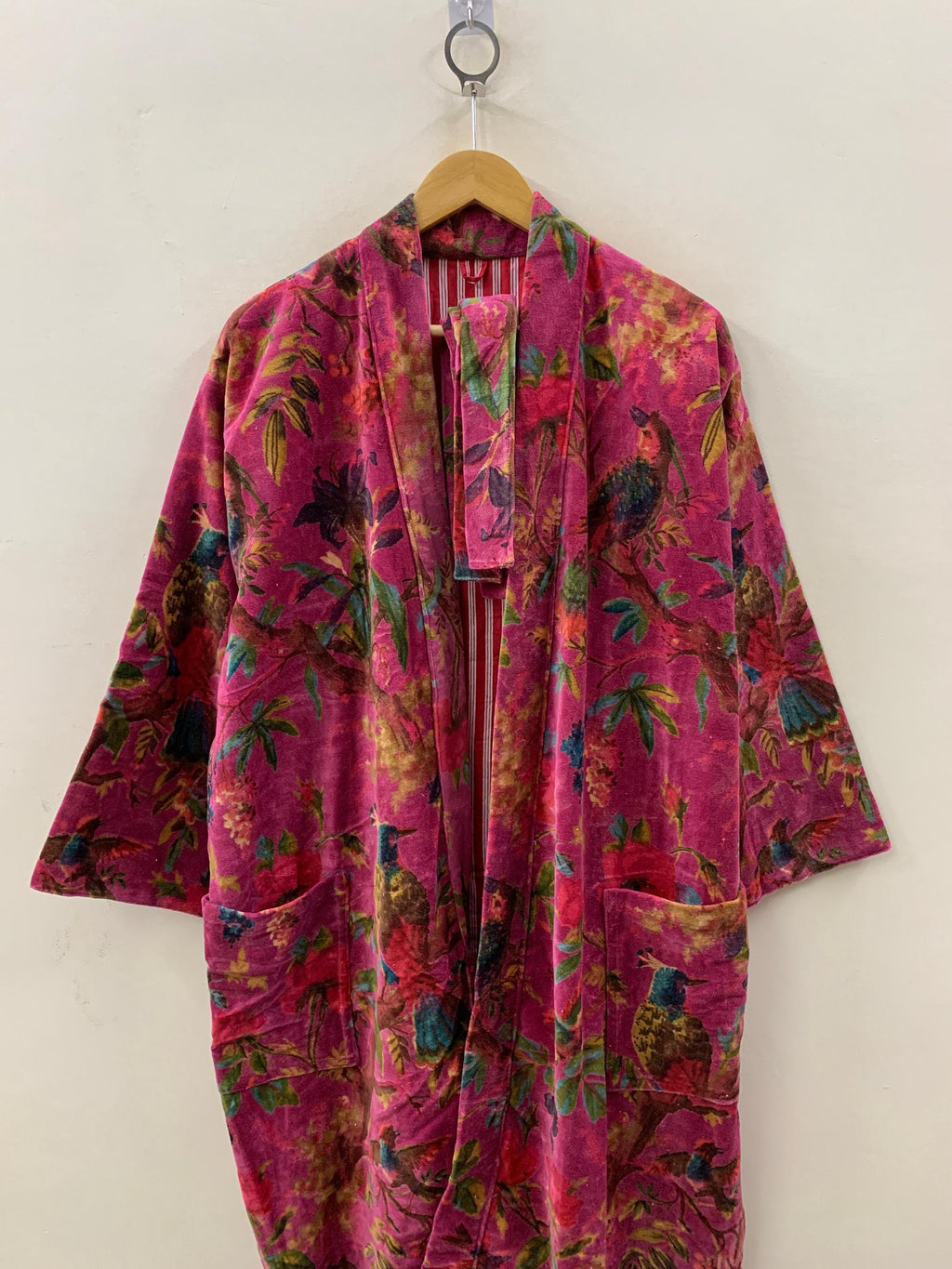 Pink Floral Print Velvet Kimono Robe | Bold Animal Print Loungewear | Soft Boho Dressing Gown with Belt |Statement Kimono Jacket| Glam Robe