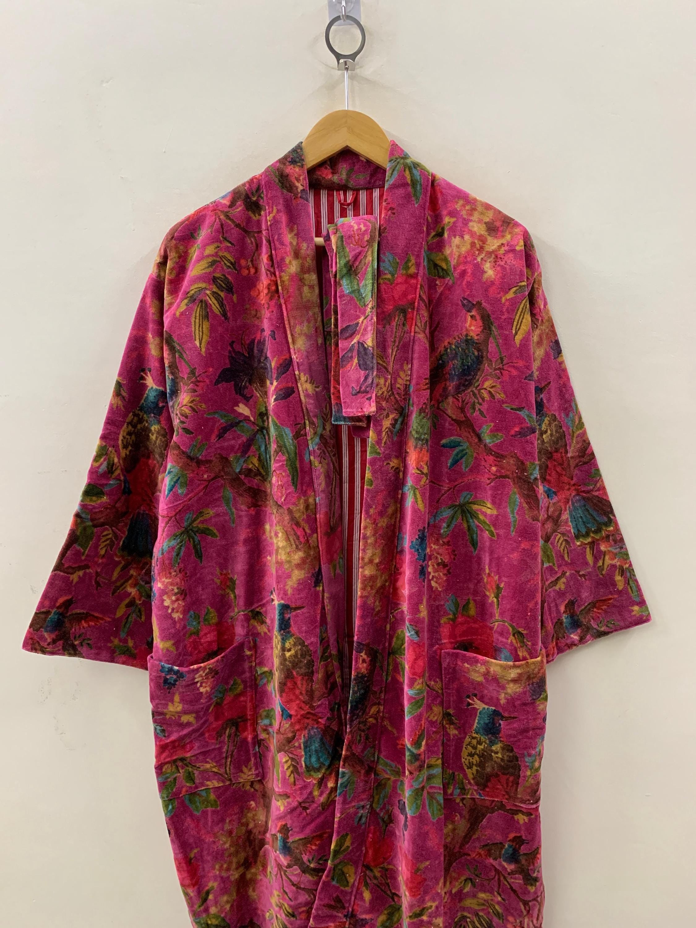 Pink Floral Print Velvet Kimono Robe | Bold Animal Print Loungewear | Soft Boho Dressing Gown with Belt |Statement Kimono Jacket| Glam Robe