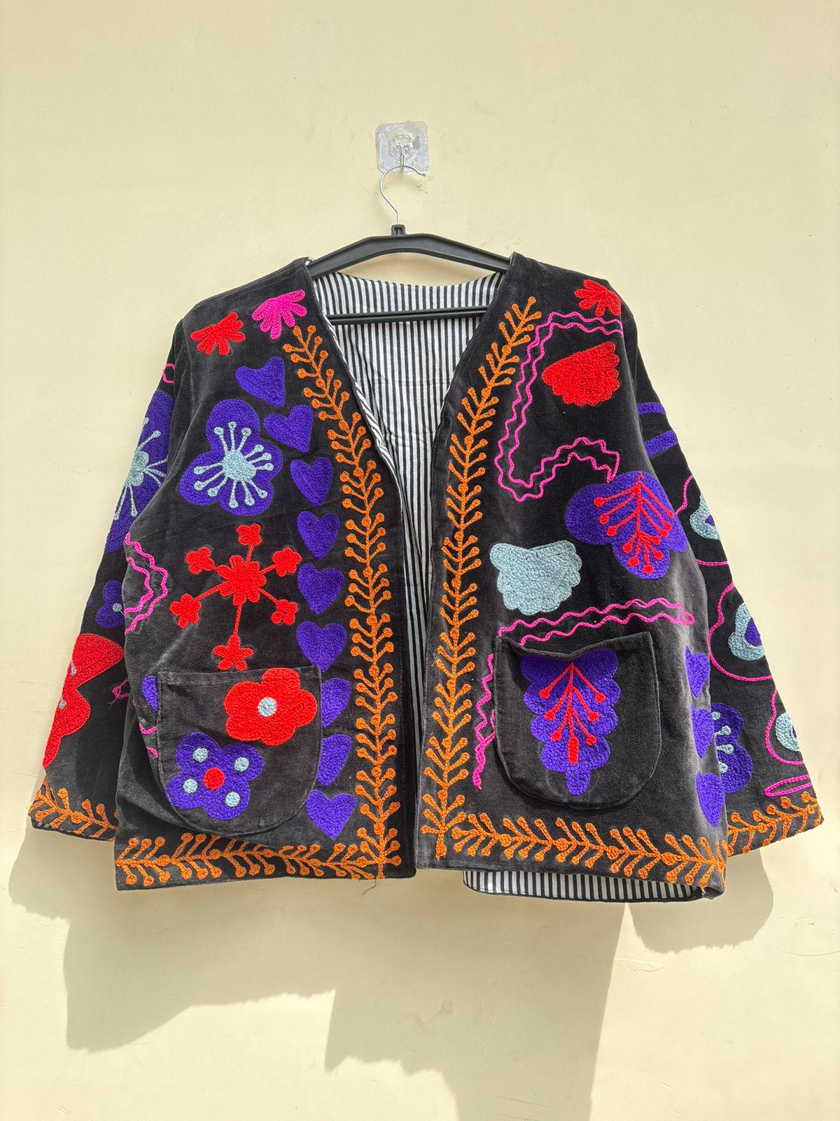 Suzani Velvet Jacket | Embroidered Coat | Traditional Coat | Cropped Jacket | Warm Winter Outerwear | Gift for Her | Bohemian Winter Coat