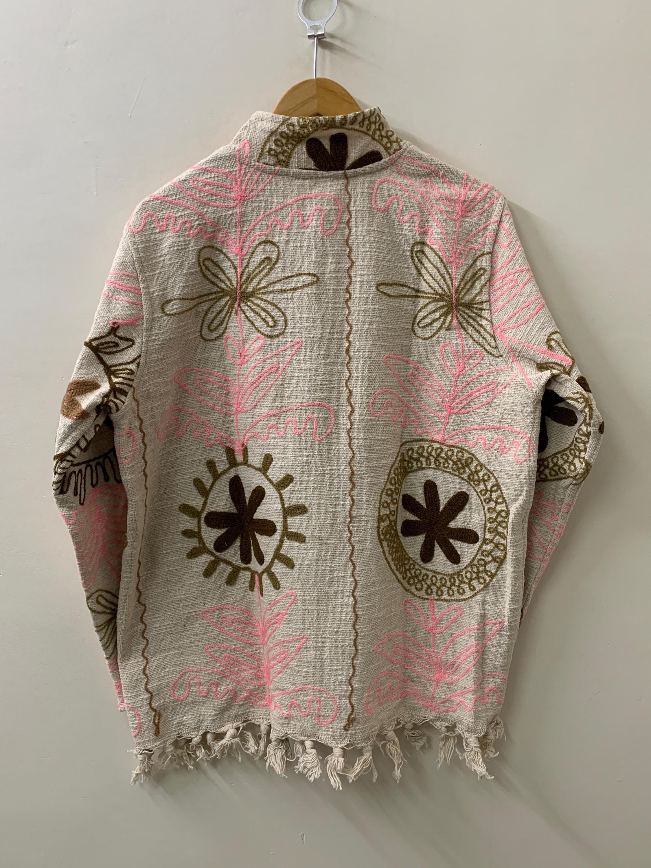 Statement Ethnic Embroidered Cotton Suzani Kimono | Boho Tribal Shrug | Lightweight Spring Outerwear | Long Duster Jacket